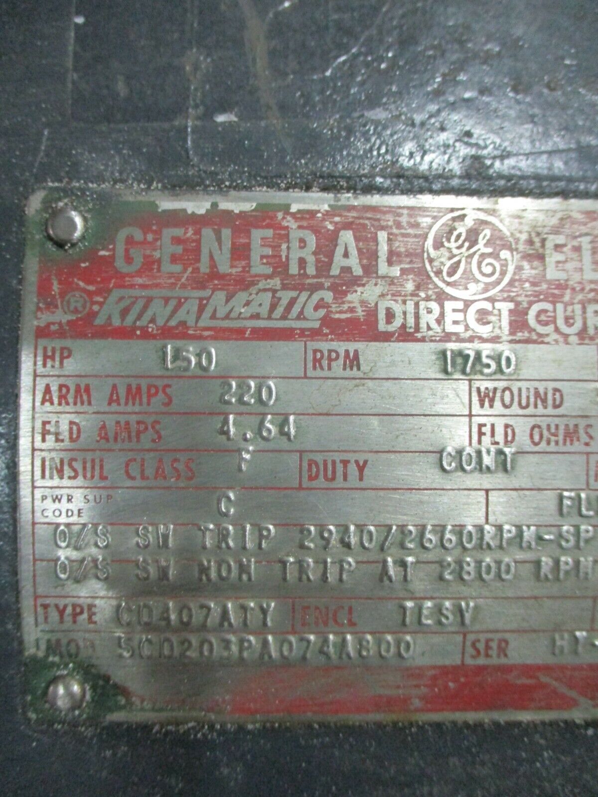 GE Kinamatic Type CD407ATY DC Motor 5CD203PA074A800 150HP 1800RPM Used