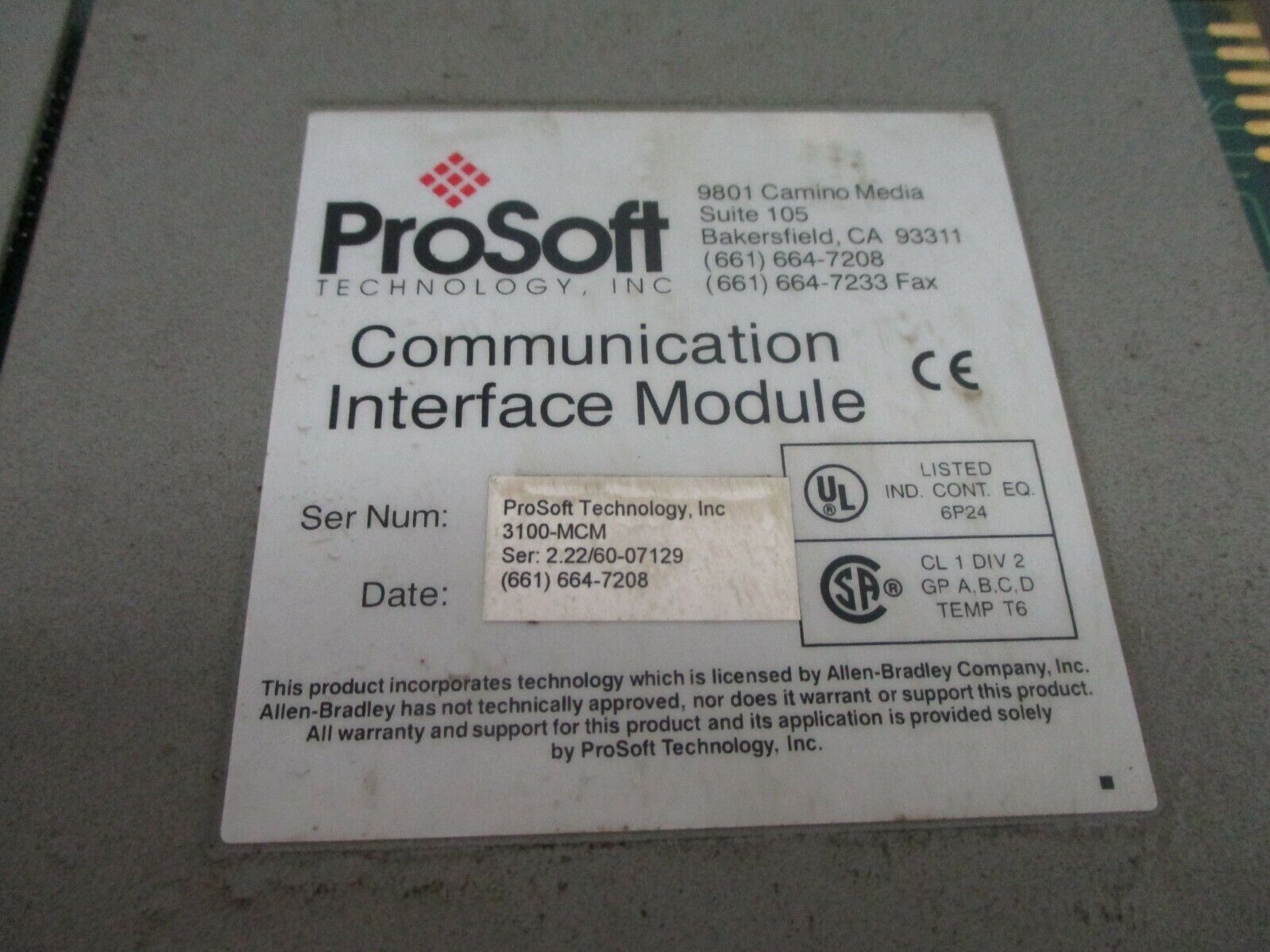 Prosoft Communication Interface Module 3100-MCM Rev: 2.4 Used