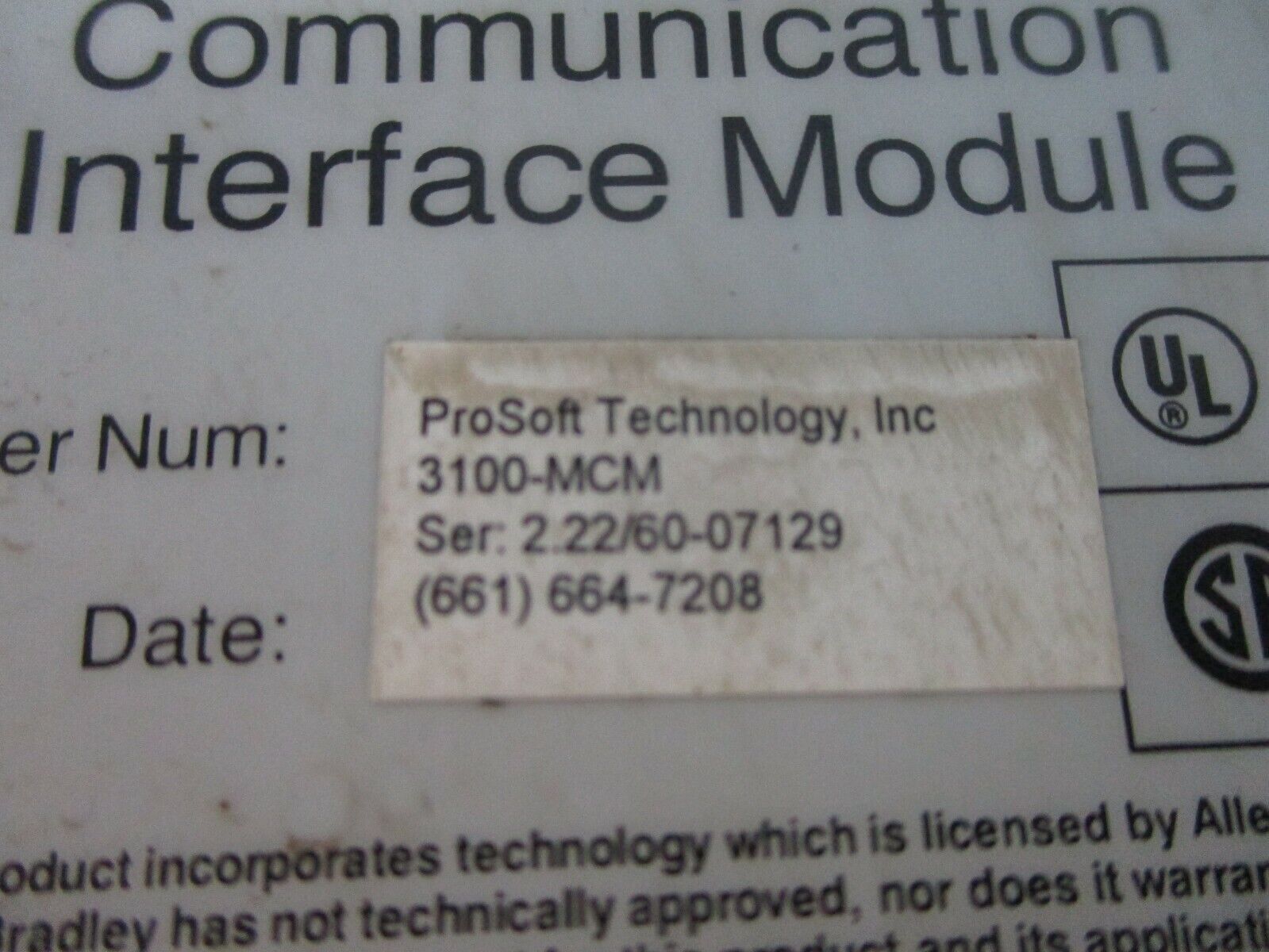 Prosoft Communication Interface Module 3100-MCM Rev: 2.4 Used