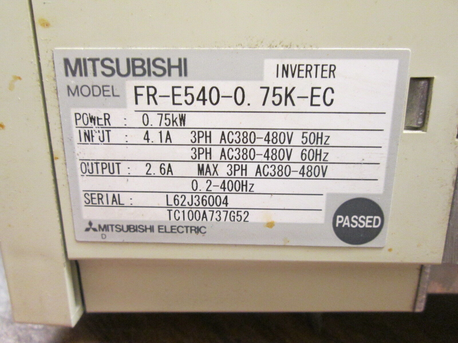 Mitsubishi E500 AC Drive w/ RFI Filter FR-E540-075K-EC 0.75KW, 3Ph Used
