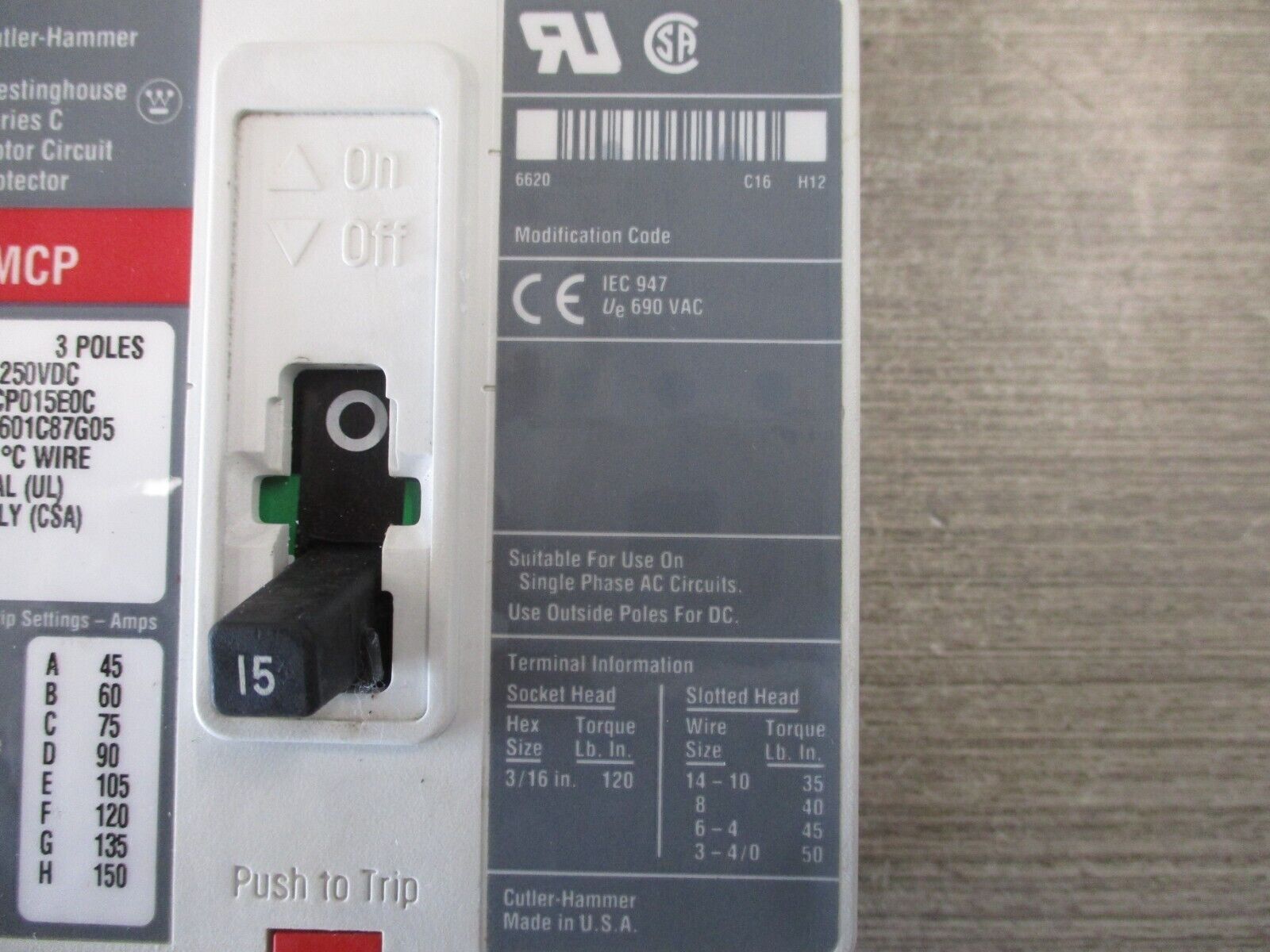 Cutler-Hammer Circuit Breaker HMCP015E0C 15A 600V 3P Used
