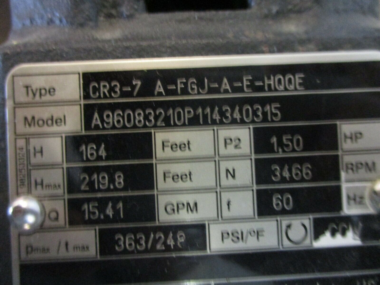 Grundfos Type CR3-& A-FGJ-A-E-HQQE Pump A96083210P114340315 1.5HP 3600RPM Used