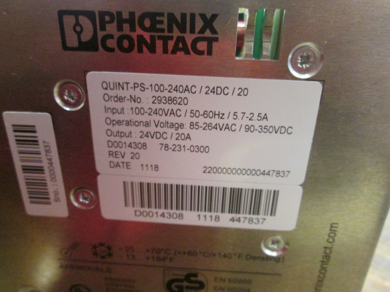 Phoenix Contact Quint Power Supply QUINT-PS-100-240AC/24DC/20 Rev 20 Used