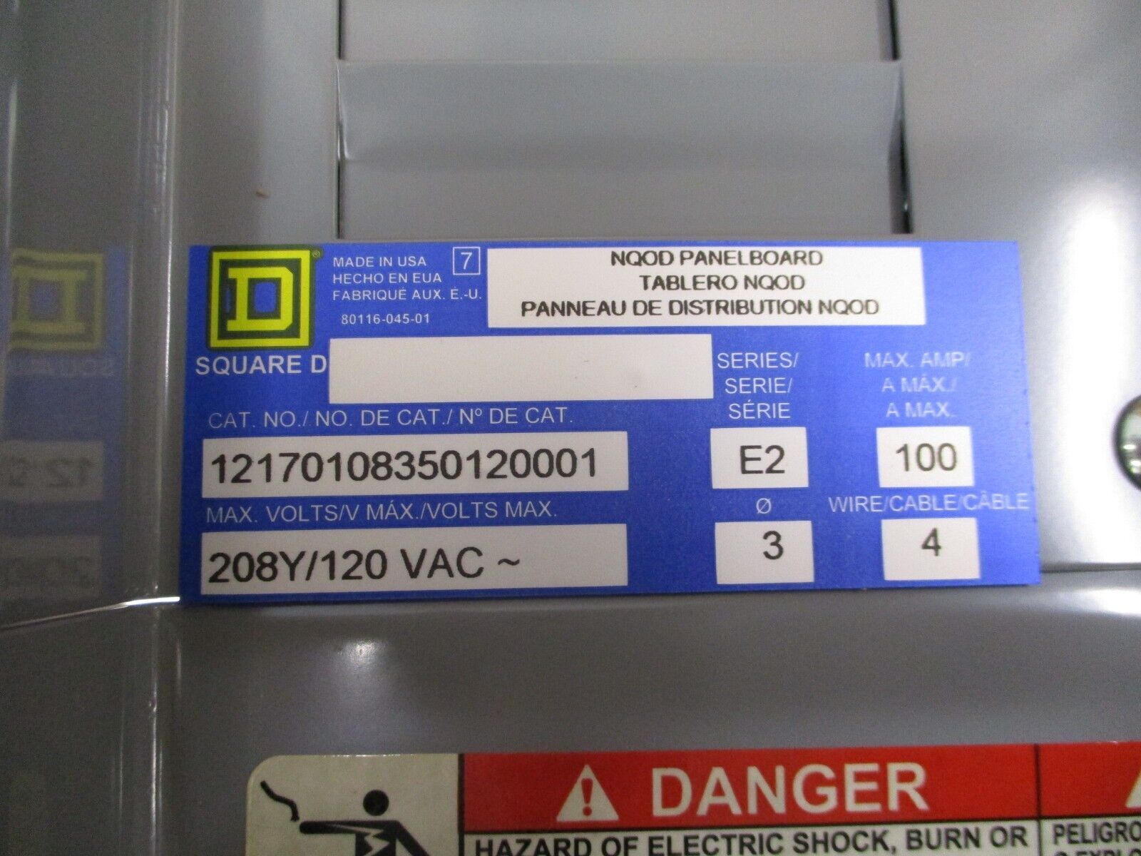 Square D Main Lug Panelboard Interior NQOD424L100 100A 208Y/120V 3Ph 4W 24-Space