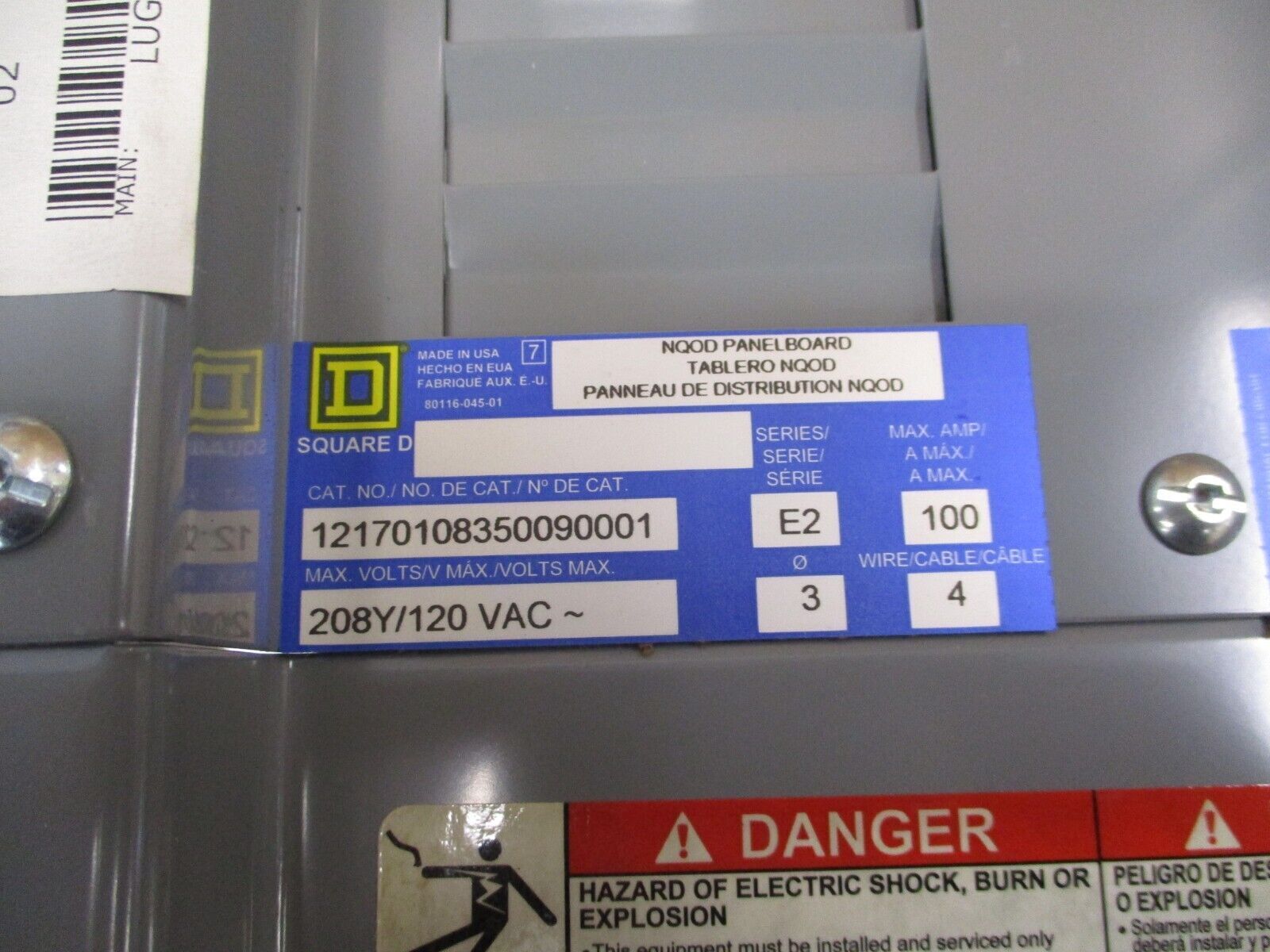 Square D Main Lug Panelboard Interior NQOD424L100 100A 208Y/120V 3Ph 4W 24-Space