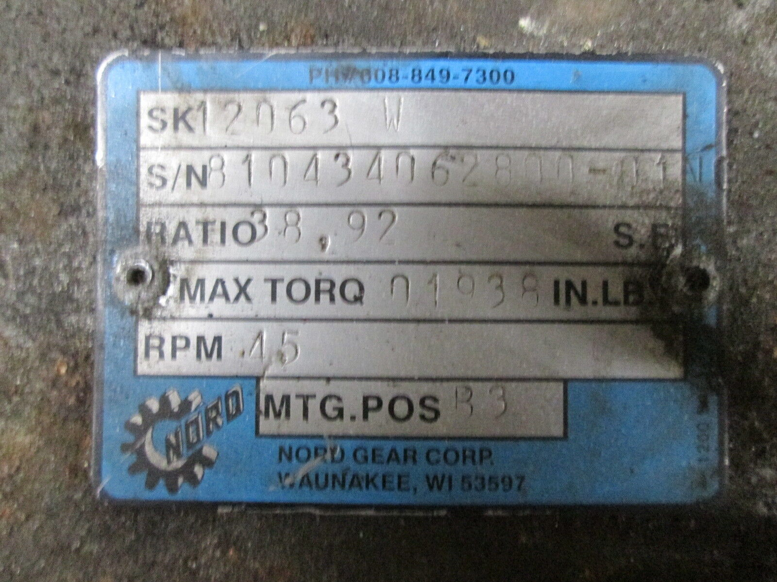 Nord Gear 12063W 38.92 Ratio 45RPM Used