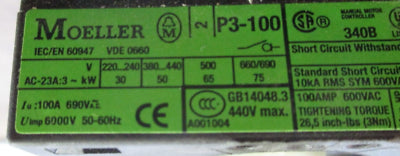Moeller Disconnect Switch P3-100 100A 600V *No Handle* Used