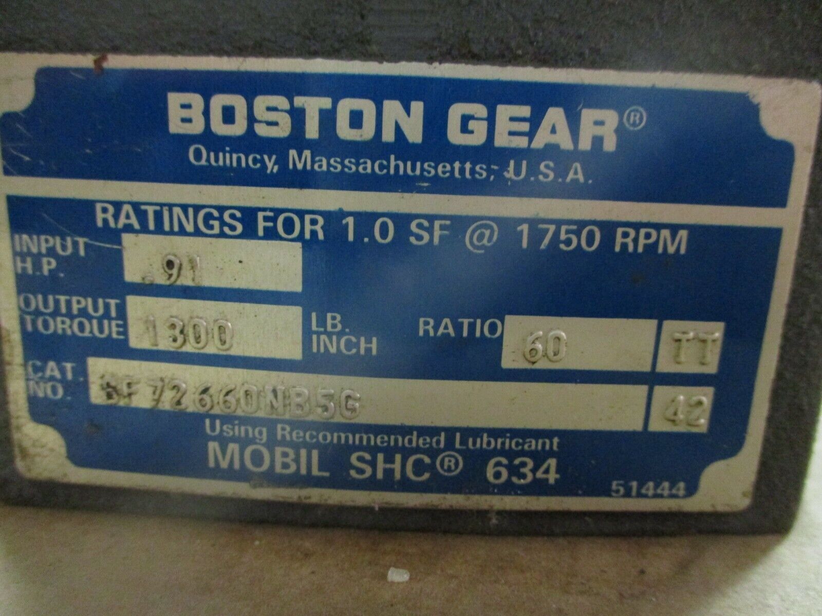 Boston Gear Reducer SF72660NB5G Ratio: 60 0.91HP In 1750RPM In Used
