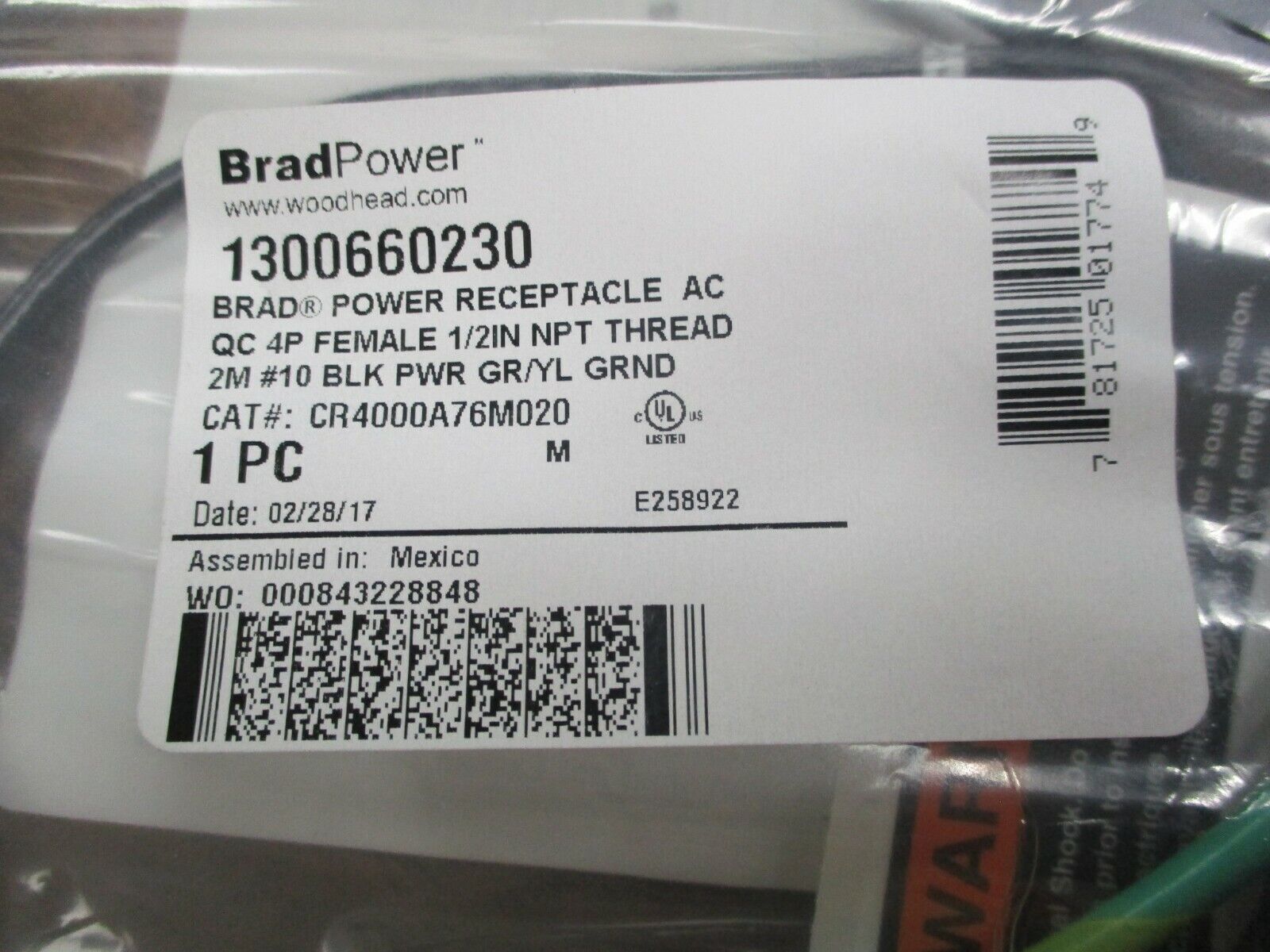 Brad Power AC Receptacle 1300660230 CAT#: CR4000A76M020 4-Pole New Surplus