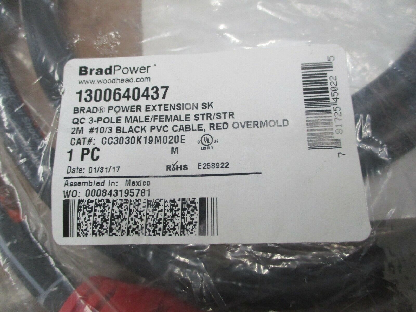 Brad Power Extension SK Double-Ended Cord Set 1300640437 CAT #: CC303K19M020E