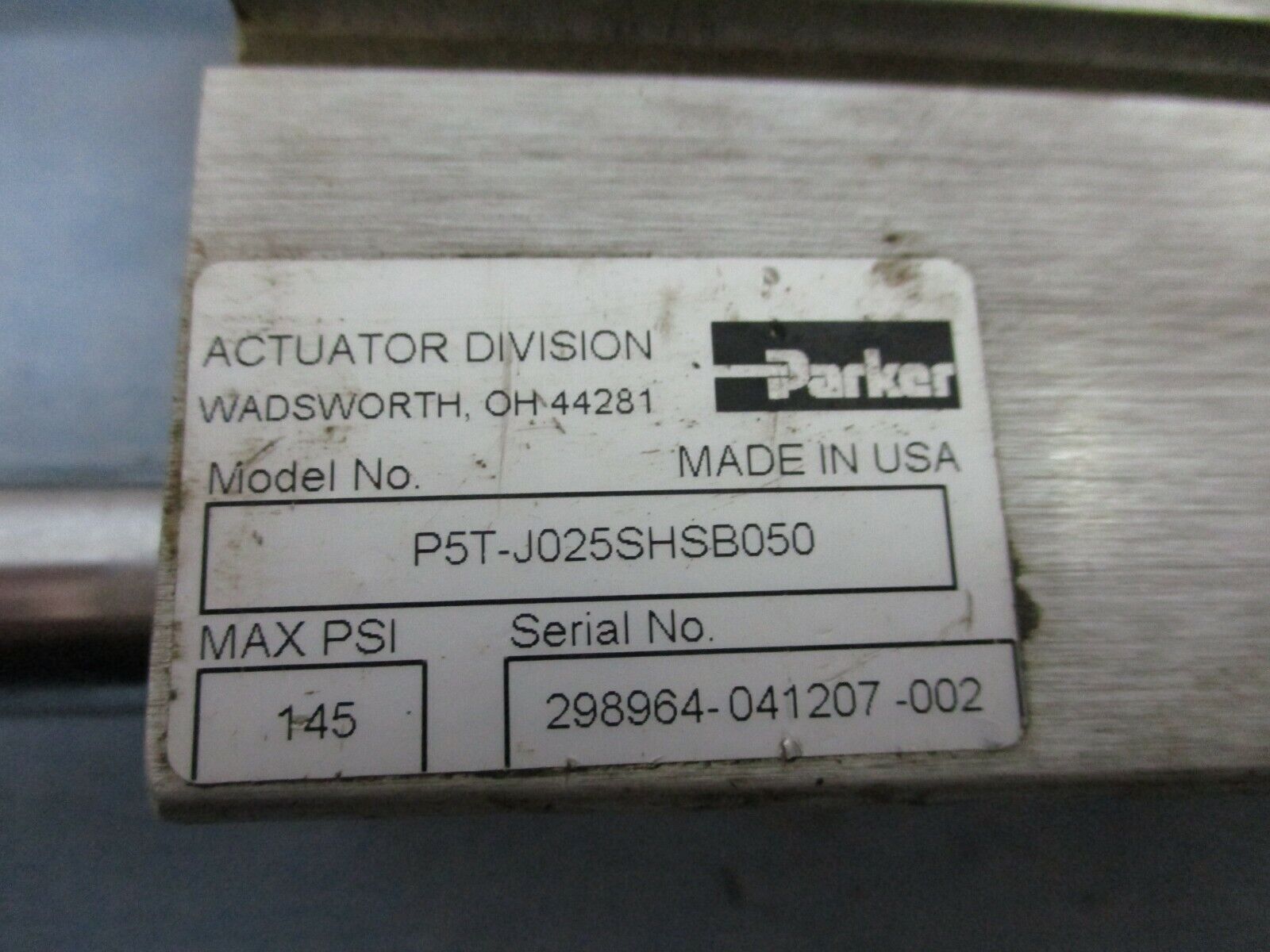 Parker Short Stroke Thruster P5T-J025SHSB050 145 PSI Used