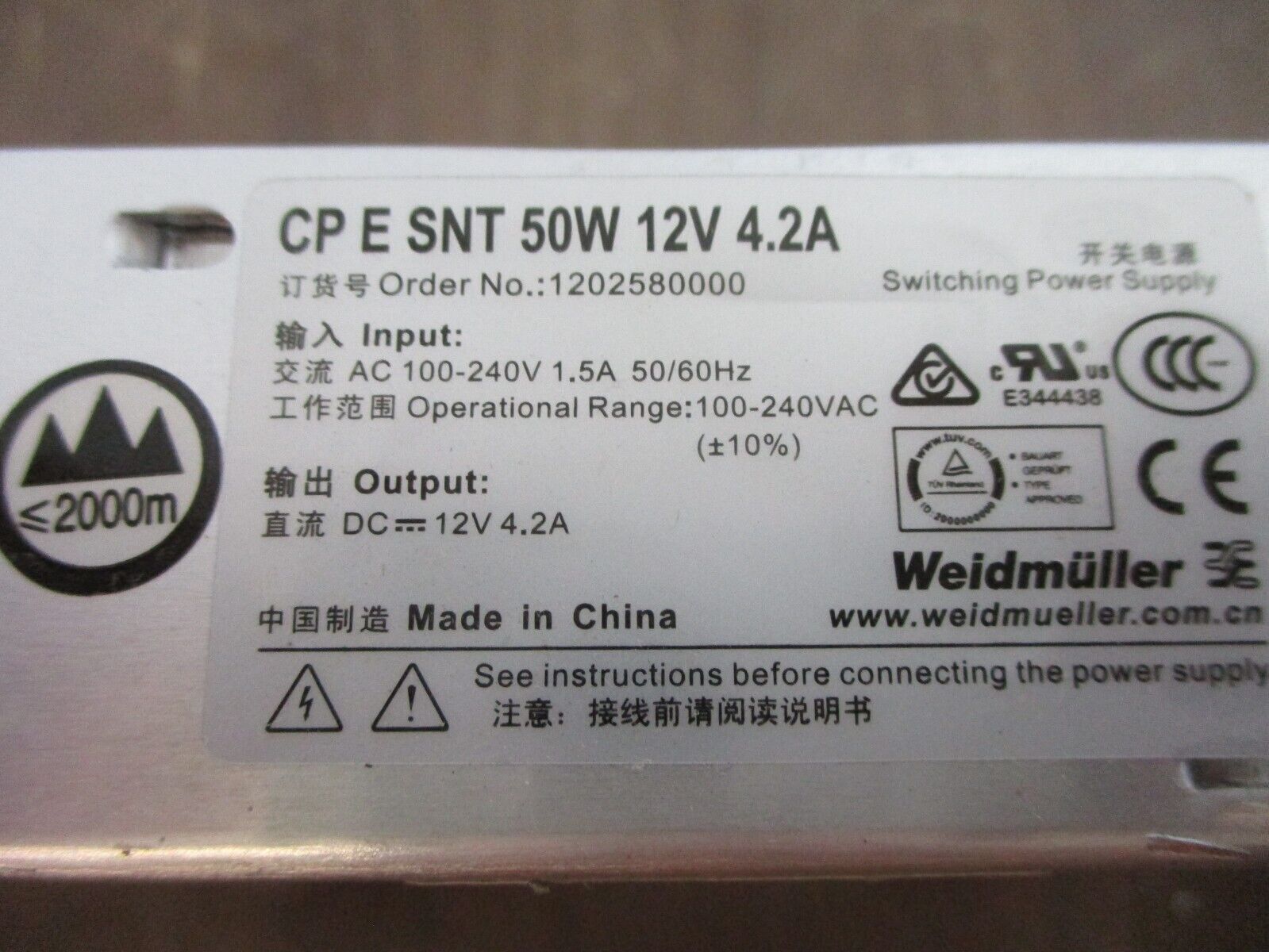 Weidmuller CP E SNT Power Supply 1202580000 50W Output: 12VDC 4.2A Used