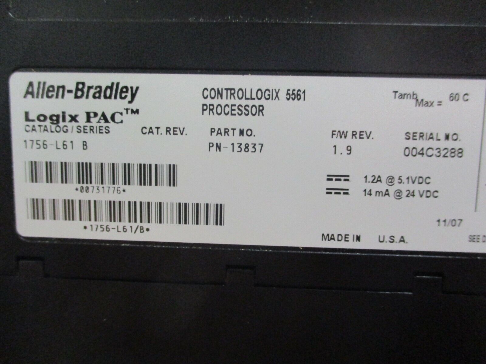 Allen-Bradley LogicPAC ControlLogix 5561 Processor Module 1756-L61 B Ser. B Used