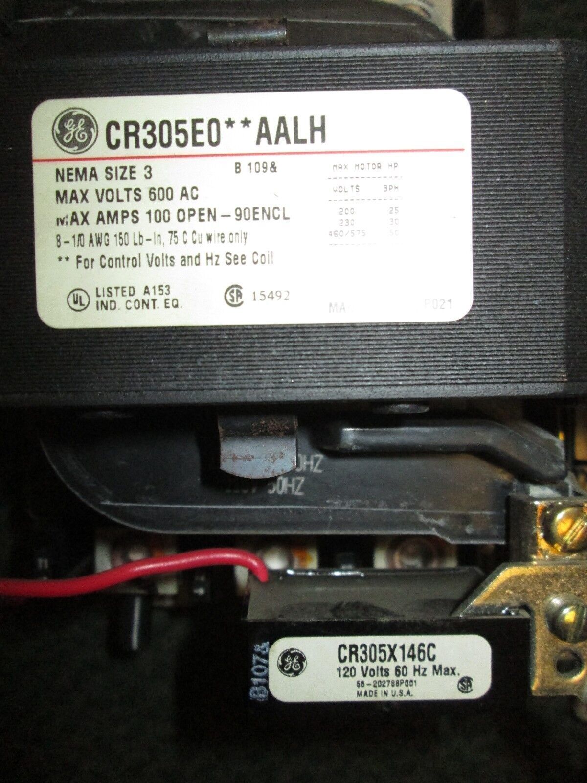 GE Contact CR305E0**AALH 115-120V Coil nema size 3 600V Used