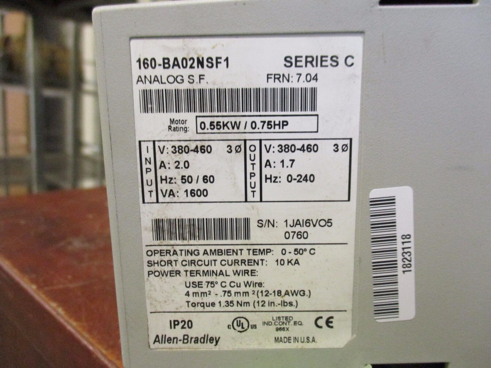 Allen-Bradley Smart Speed Controller 160-BA02NSF1 0.75Hp FRN: 7.04 Used