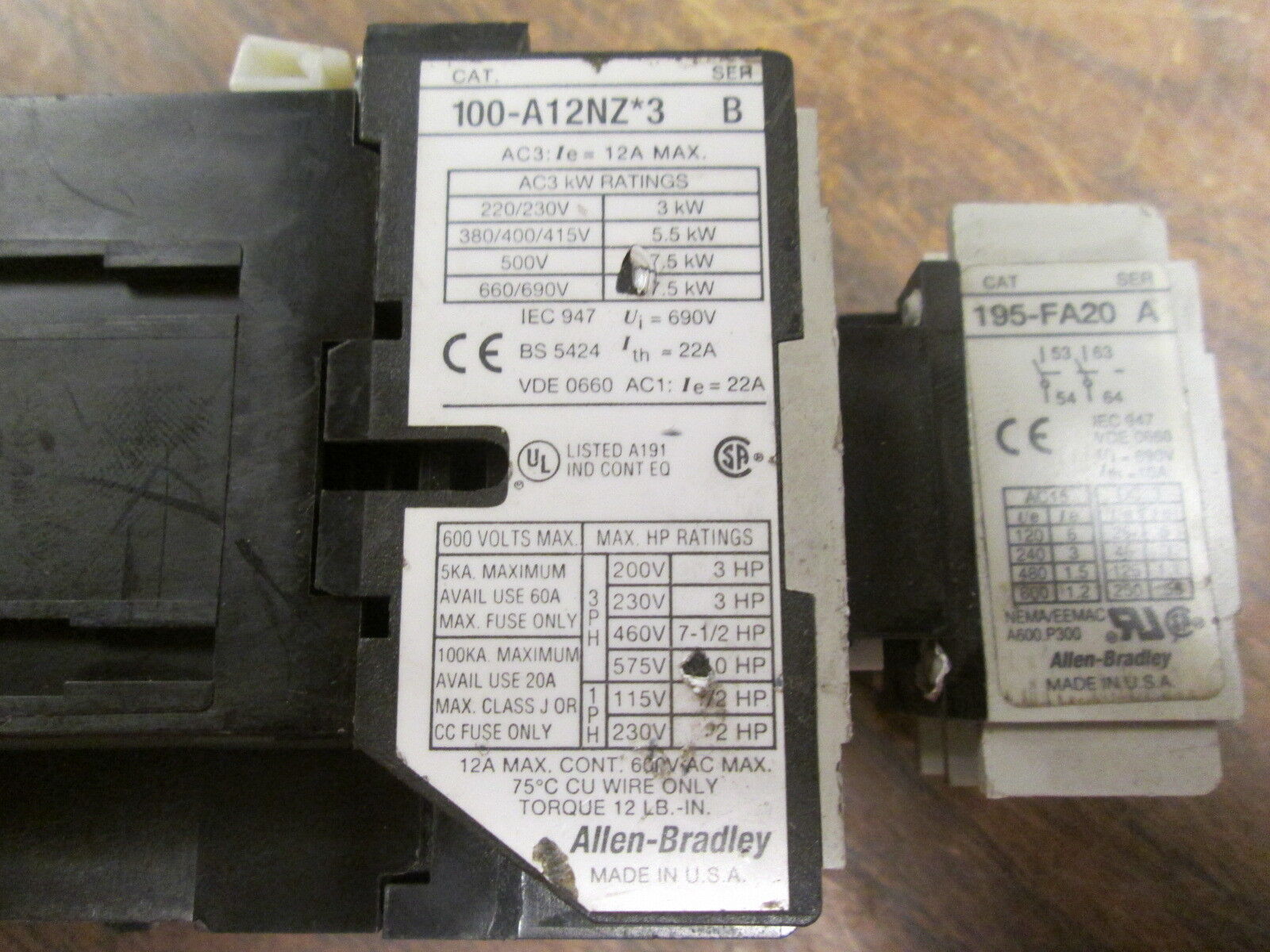 Allen-Bradley Contactor 100-A12NZ*3 12A 600V 24VDC Coil Used
