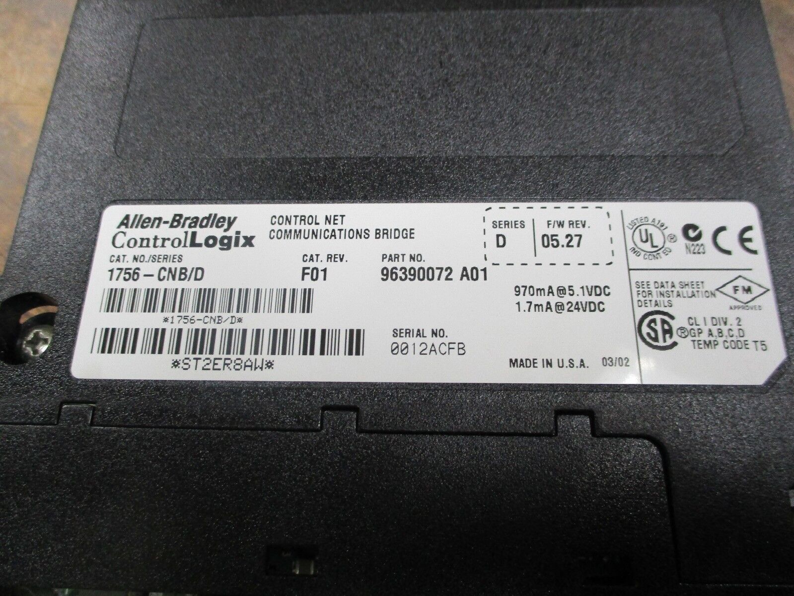 Allen-Bradley ControlLogix ControlNet Comm Bridge Module 1756-CNB/D Rev F01 Used