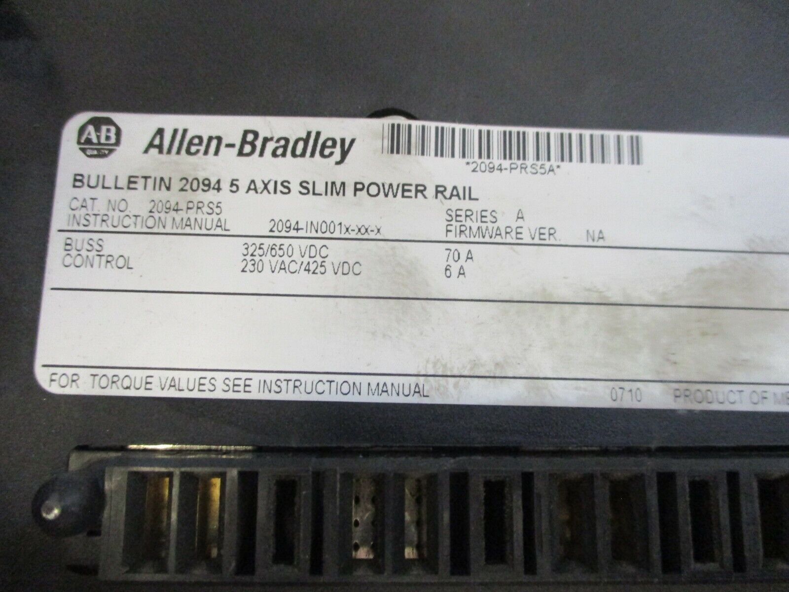 Allen-Bradley 5-Axis Slim Power Rail 2094-PRS5 Ser. A Buss: 325/650 70A Used