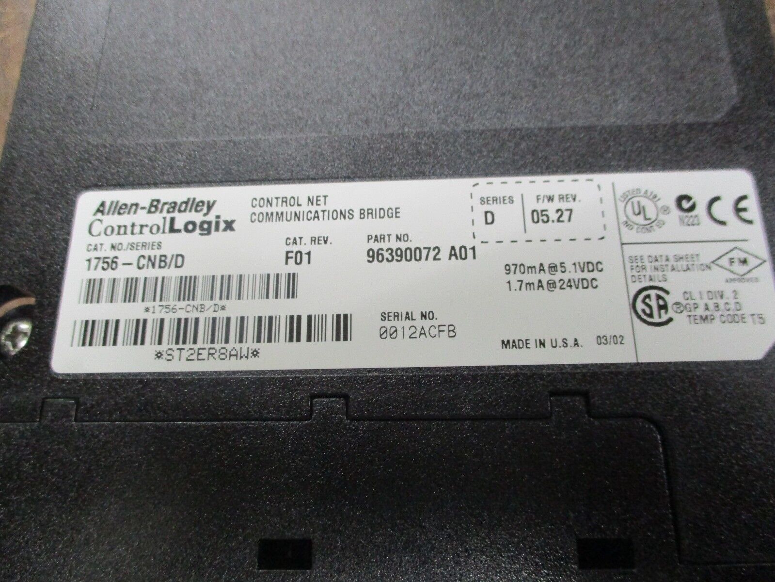 Allen-Bradley ControlLogix ControlNet Comm Bridge Module 1756-CNB/D Rev. F01