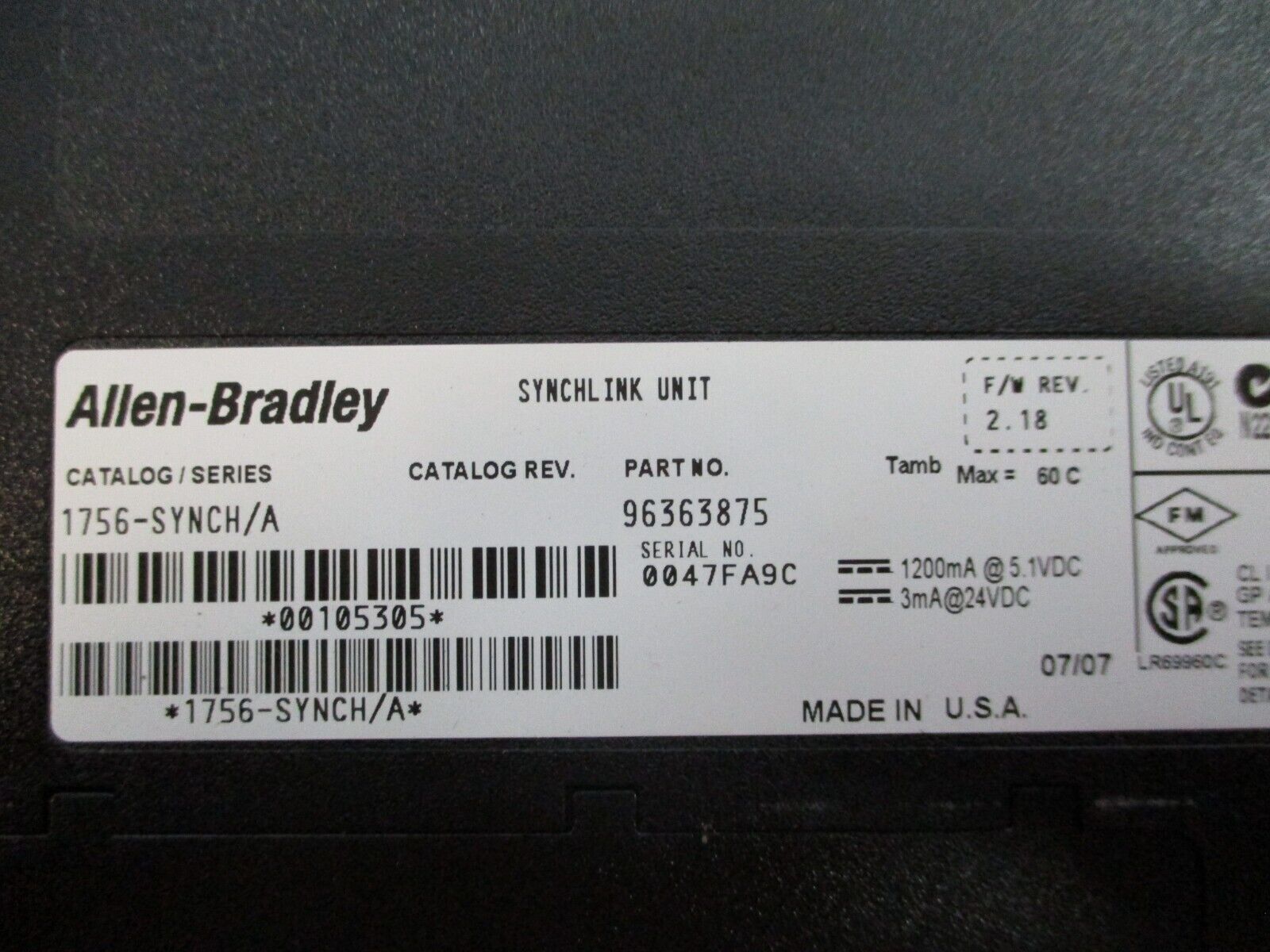 Allen-Bradley Synchlink Unit 1756-SYNCH Ser. A F/W Rev: 2.18 Used