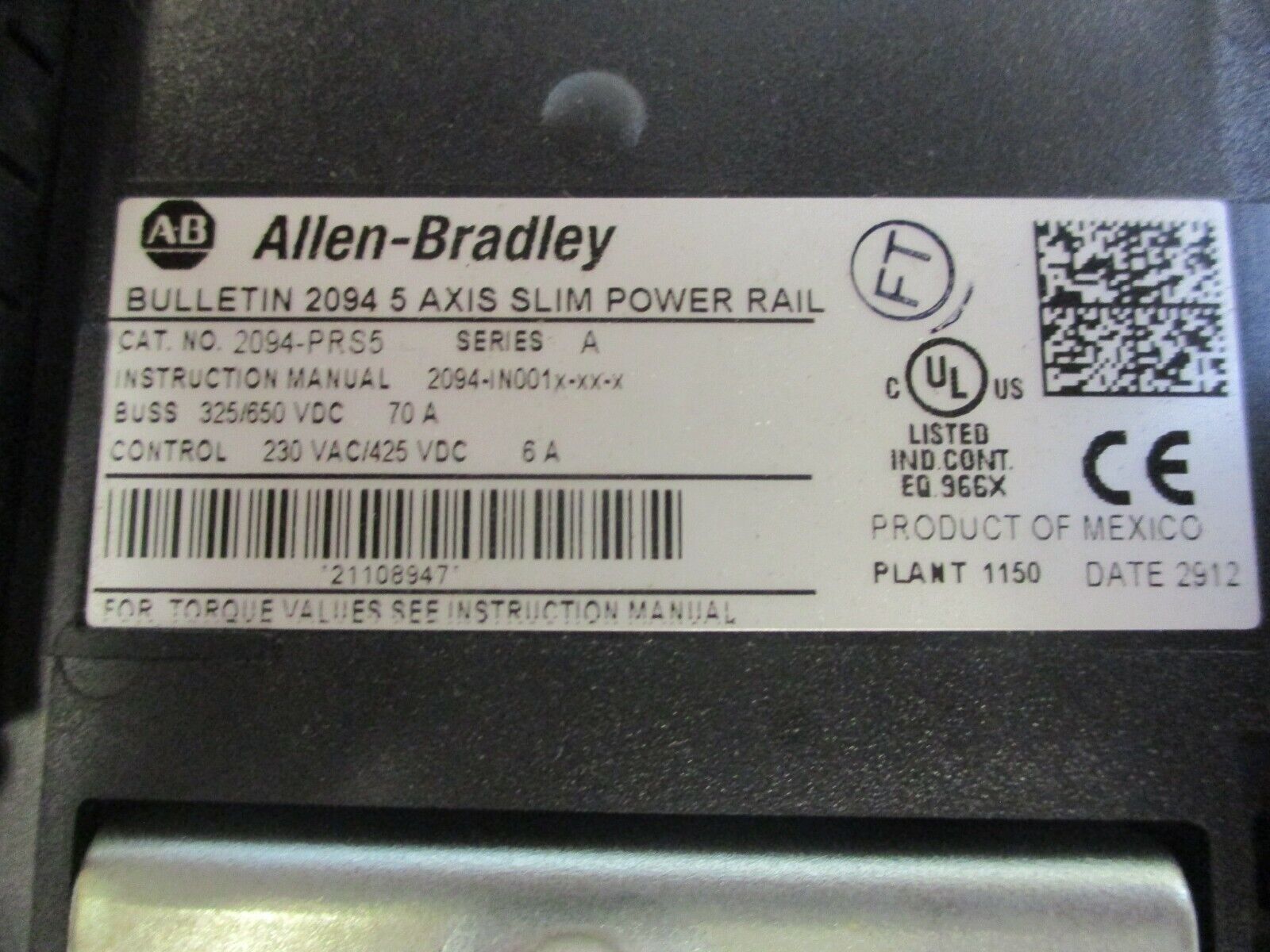 Allen-Bradley 5-Axis Slim Power Rail 2094-PRS5 Ser. A Buss:325/650 70A Used
