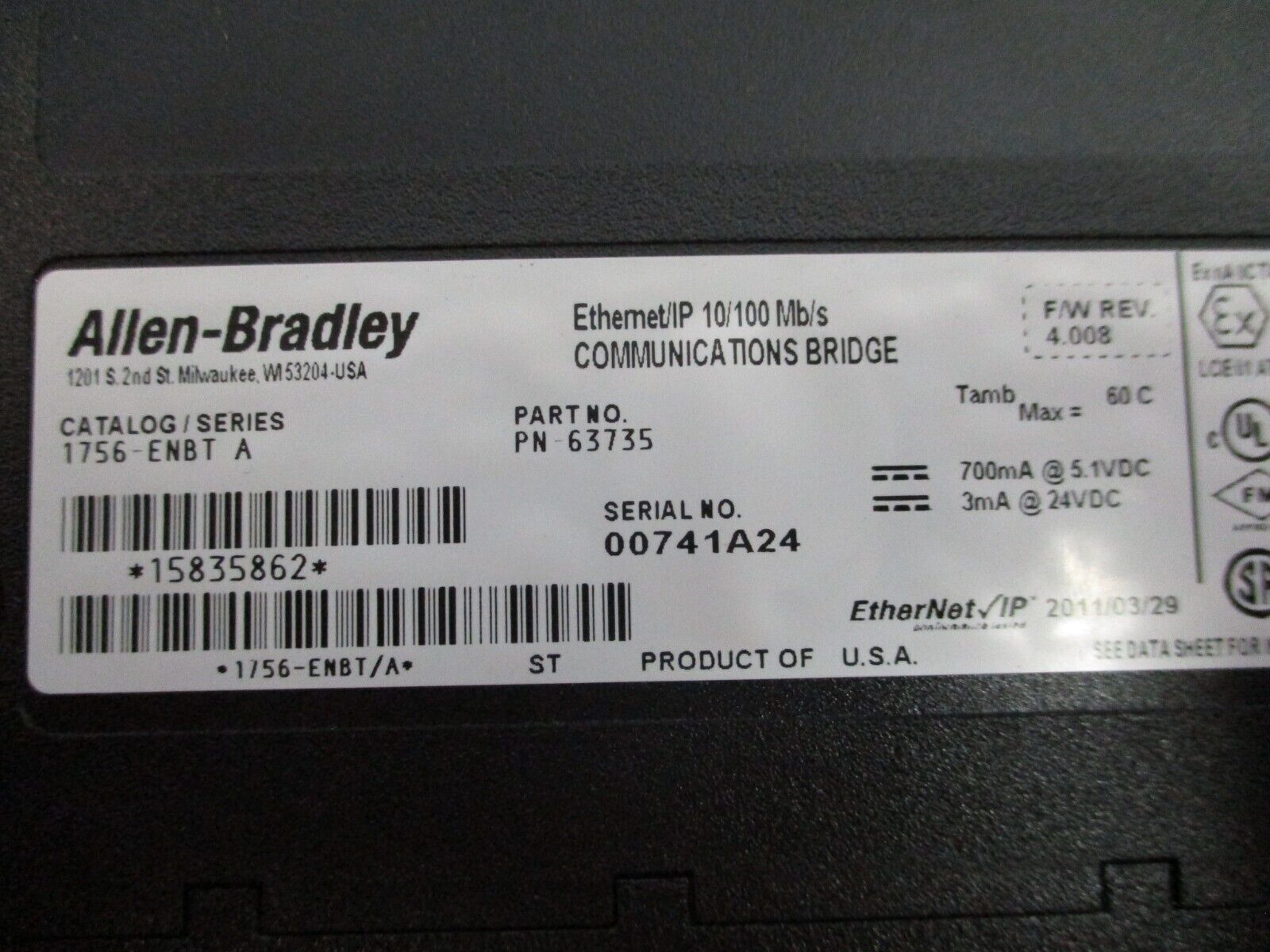 Allen-Bradley Ethernet/IP Comm. Bridge Module 1756-ENBT Ser. A F/W Rev: 4.008