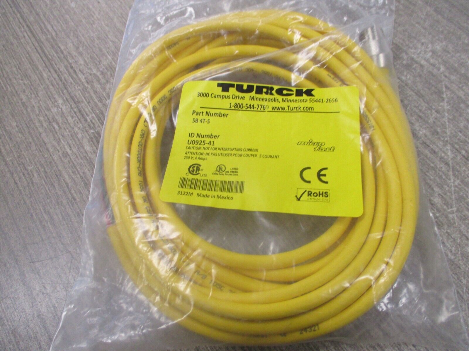 Turck Microfast Cordset SB 4T-5 250V 4A New Surplus