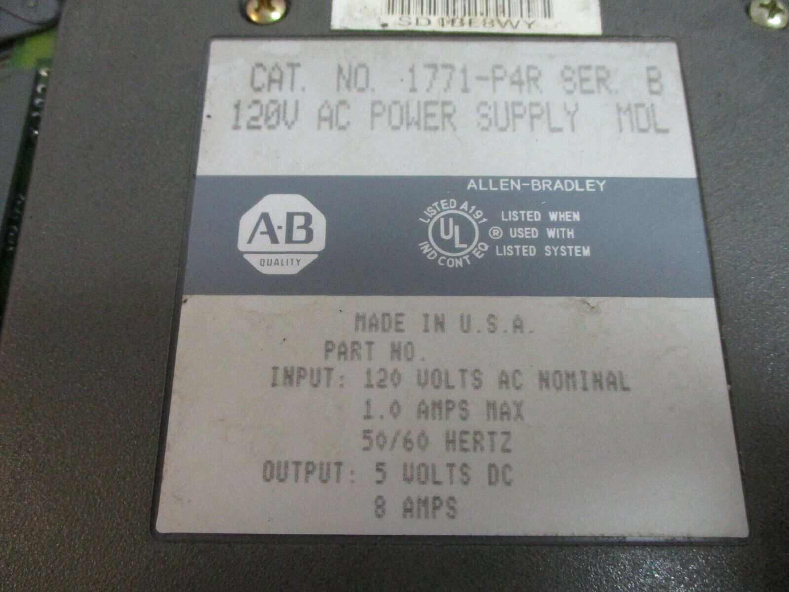 Allen-Bradley Power Supply Module 1771-P4R Ser. B Input: 120 VAC 1A Max 50/60Hz