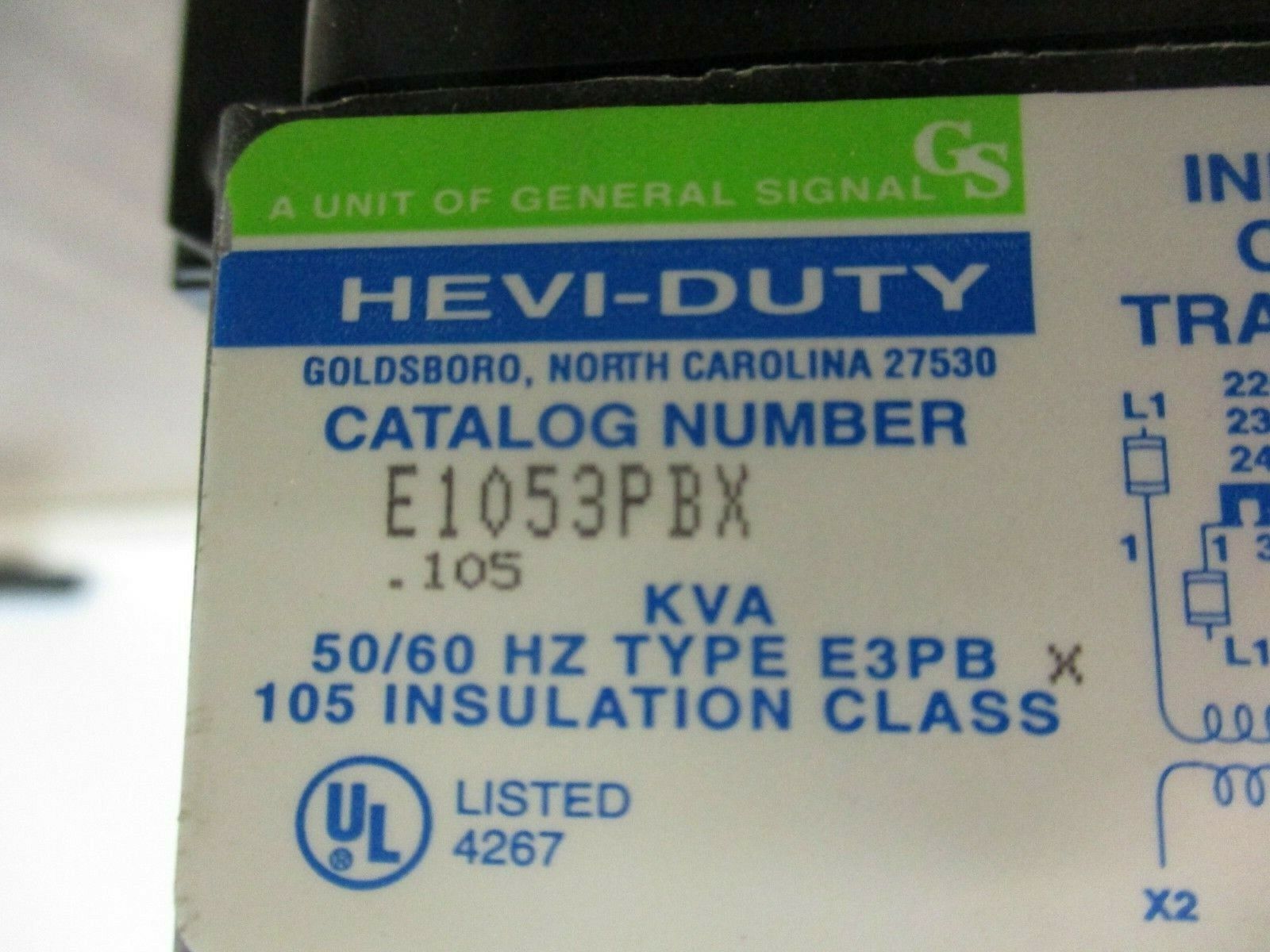 Hevi-Duty Control Transformer E1053PBX 0.105kVA Pri: 240/480V Sec: 120V 50/60Hz