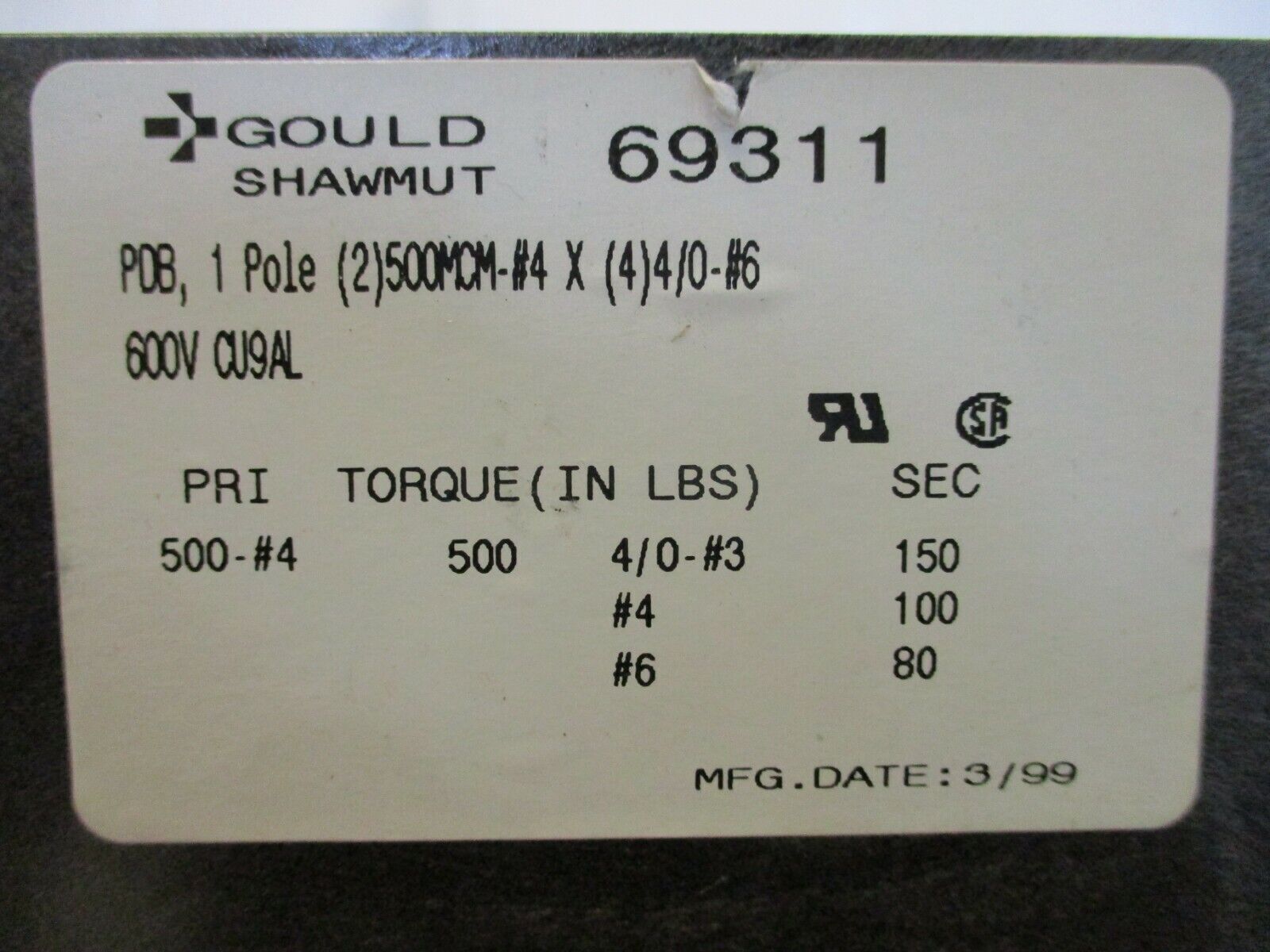 Gould Shawmut Power Distribution Block 69311 600V 1P Used