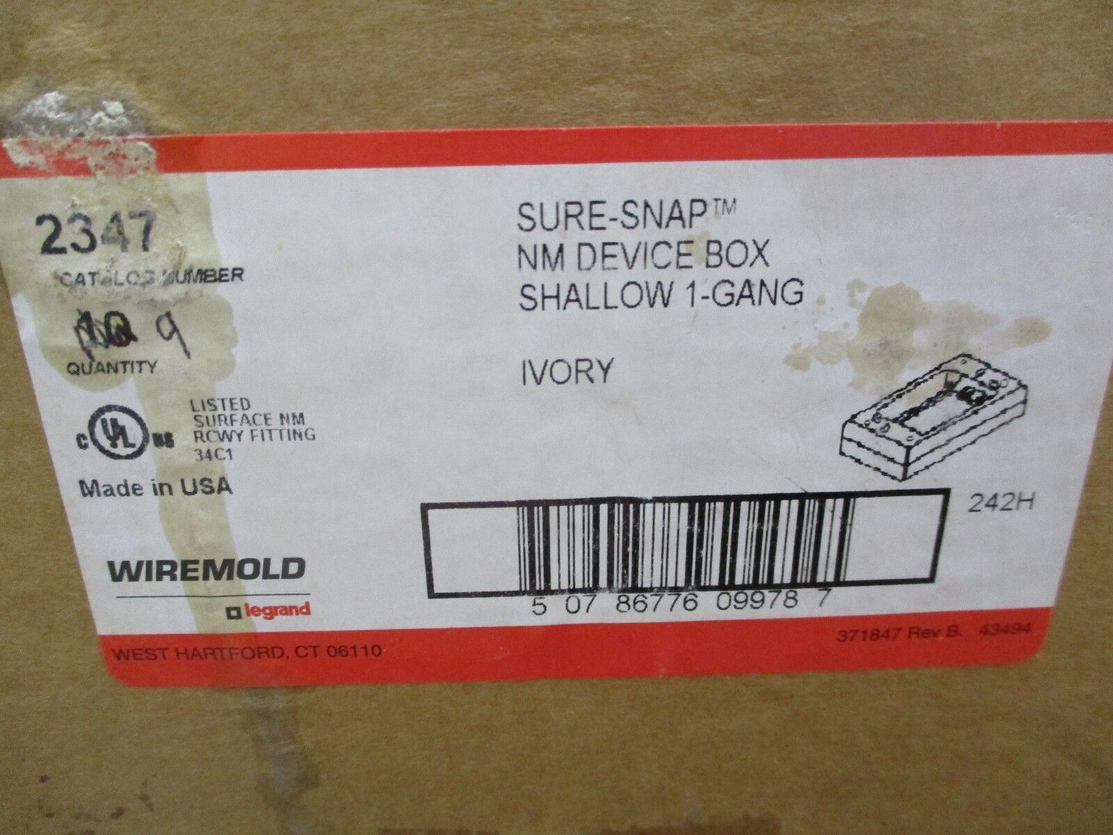 Wiremold Shallow Device Box 2347 Ivory 1-Gang *Box of 9* New Surplus