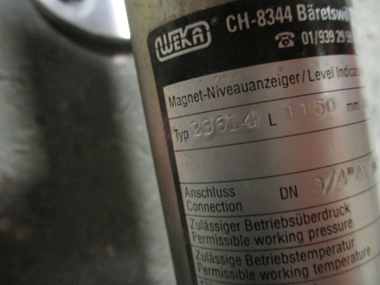 Weka Level Indicator 23614 1150mm Connection: 3/4" 4 bar 50°C Used