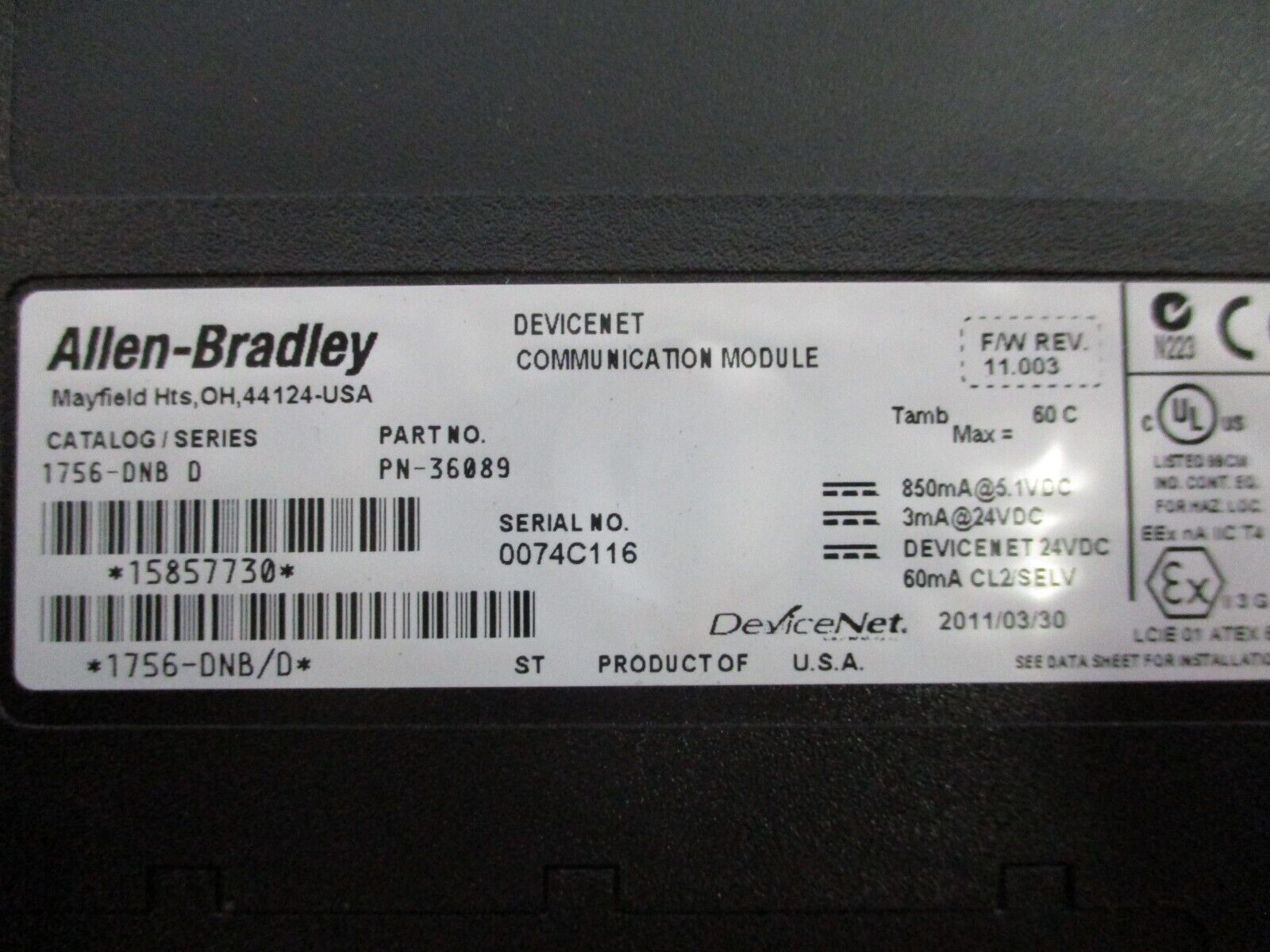 Allen-Bradley DeviceNet Comm. Module 1756-DNB Ser. D F/W Rev: 11.003 Used
