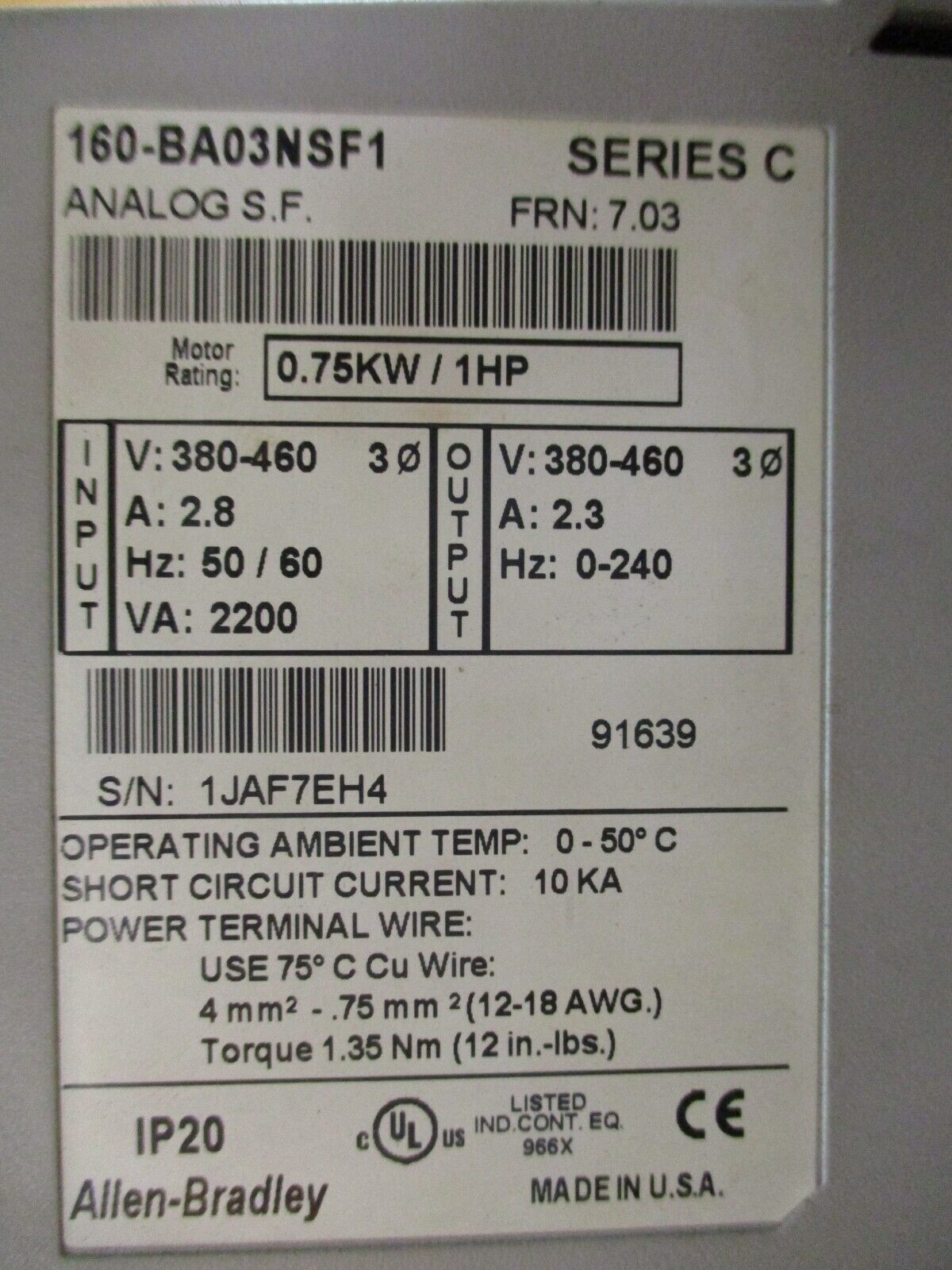Allen-Bradley Speed Controller 160-BA03NSF1 Ser. C FRN: 7.03 Analog S.F. 1HP 3Ph