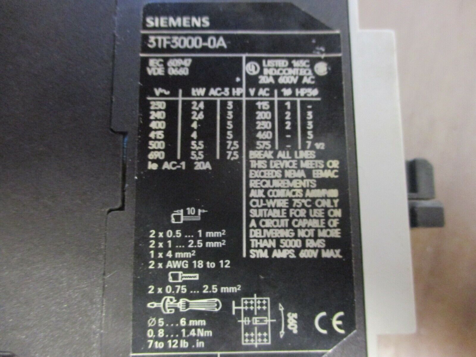 Siemens Contactor 3TF3000-0A 230V Coil 20A 600V Used