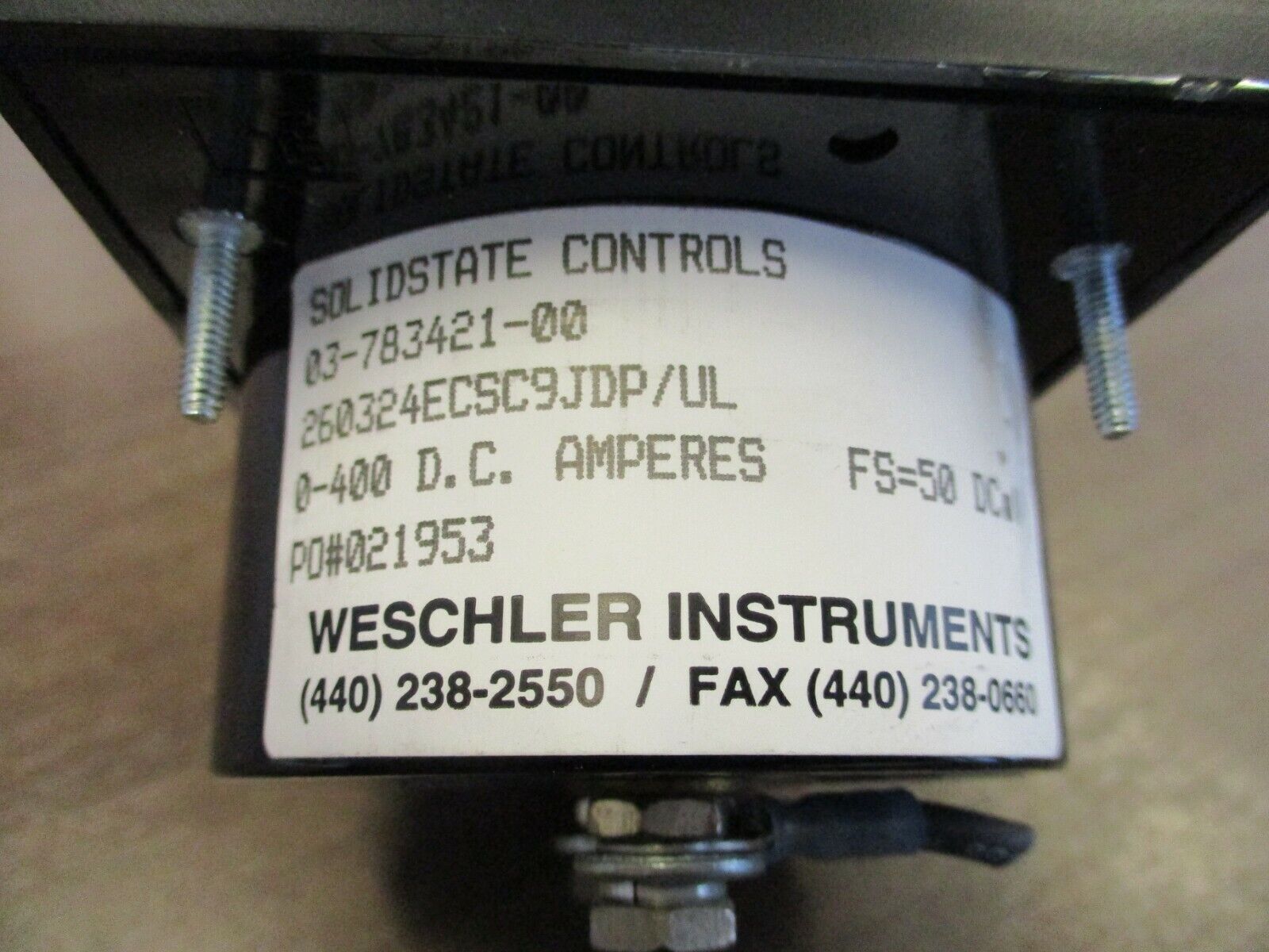 Weshler Instruments DC Ammeter 260324ECSC9JDP/UL Range: 0-400A Used