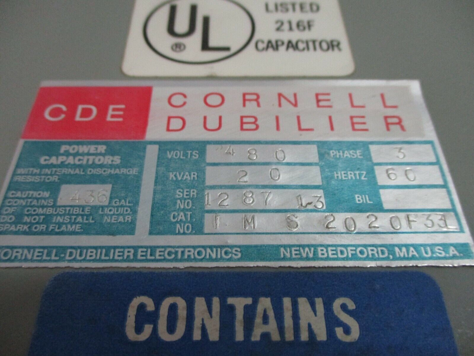 Cornell Dubilier Capacitor IMS2020F33L 20kVAR 480V 3Ph 60Hz Used