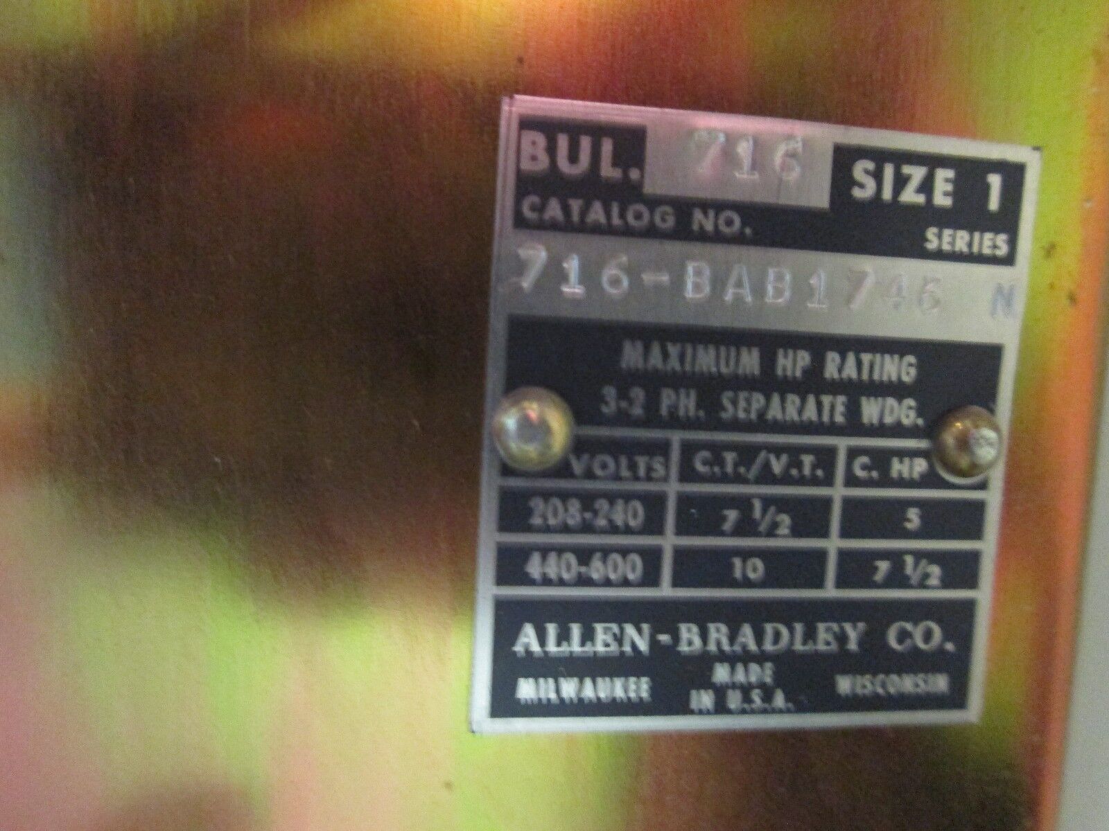 Allen-Bradley 2 Speed Fusible Combination 716-BAB1746 Size 1 Nema 1 Used
