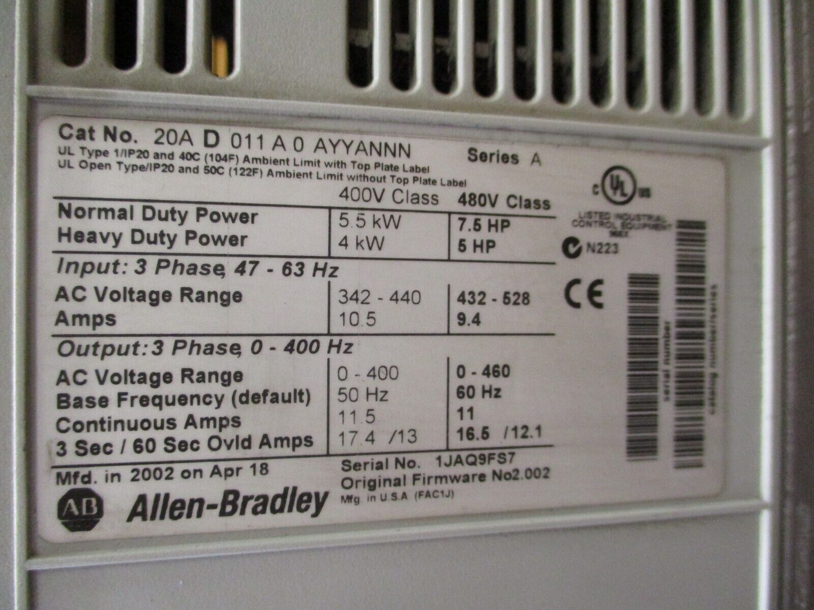 Allen-Bradley PowerFlex 70 AC Drive 20AD011A0AYYANNN 7.5HP 3Ph w/ Keypad Used