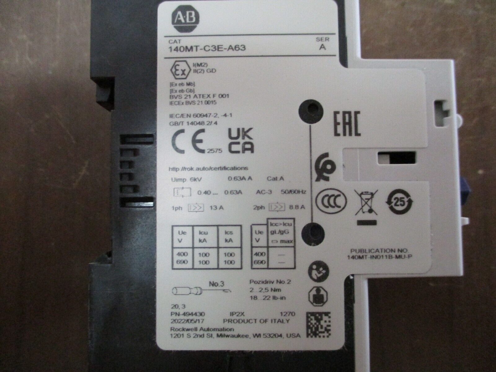 Allen-Bradley Manual Motor Protector 140MT-C3E-A63 Ser. A Trip: 0.4-0.63A