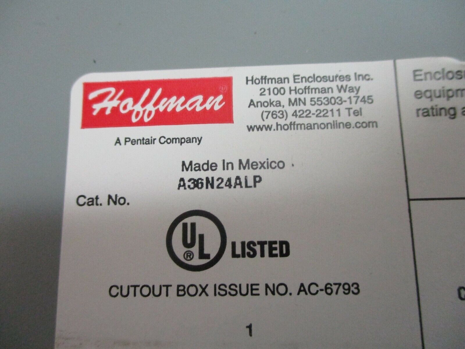 Hoffman Type 1 Enclosure A36N24ALP Size: 36x24x6.62" *Scratch On Front*