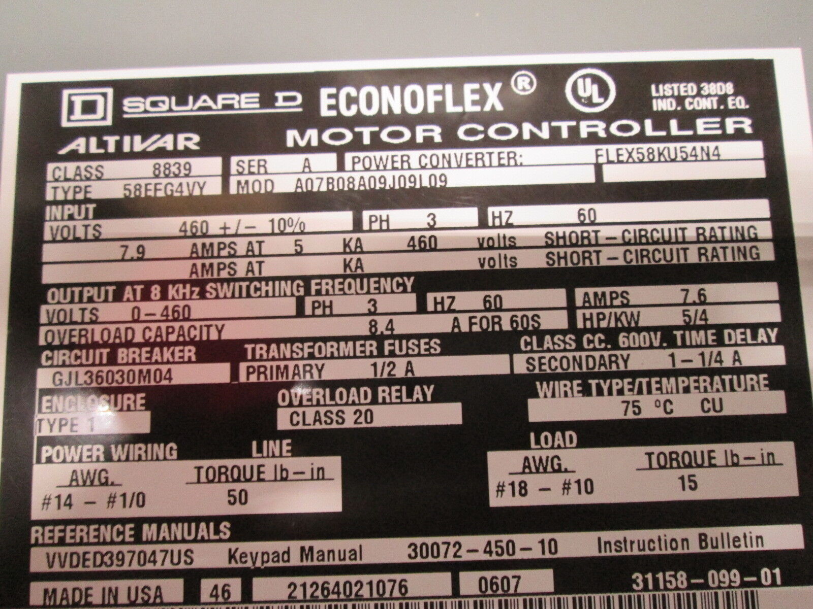 Square D EconoFlex Altivar AC Drive W/ Bypass 58EFG4VY A07B08A09J09L09 5HP