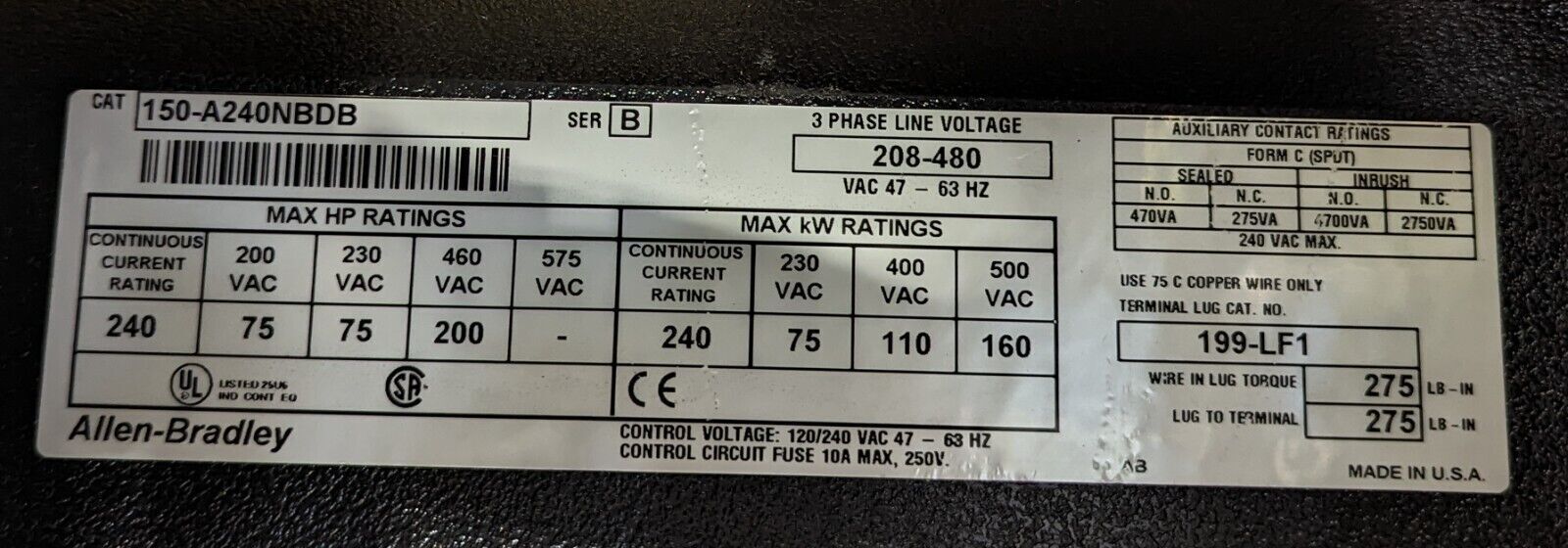 Allen-Bradley SMC Plus Soft Start Assembly 150-A240NBDB Ser. B 200HP 208-480V