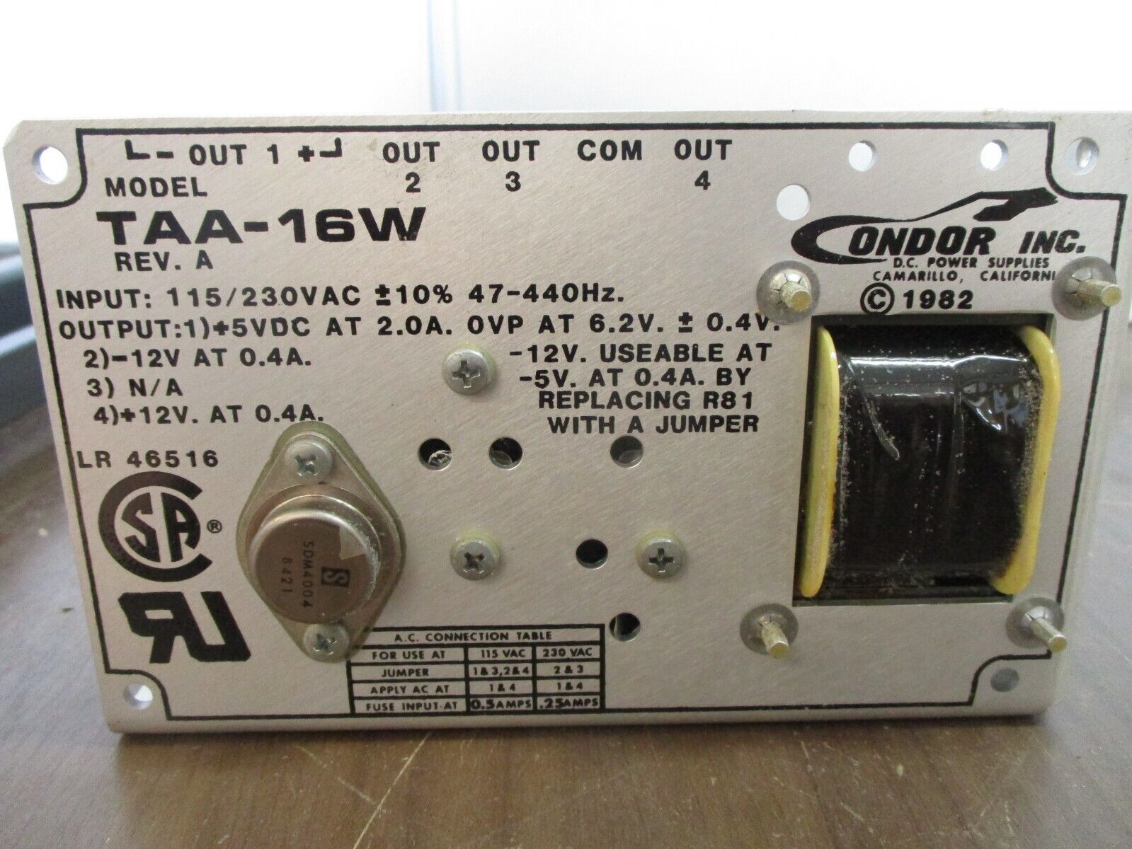 Condor DC Power Supply TAA-16W Rev. A Input: 115/230VAC 47-440Hz New Surplus