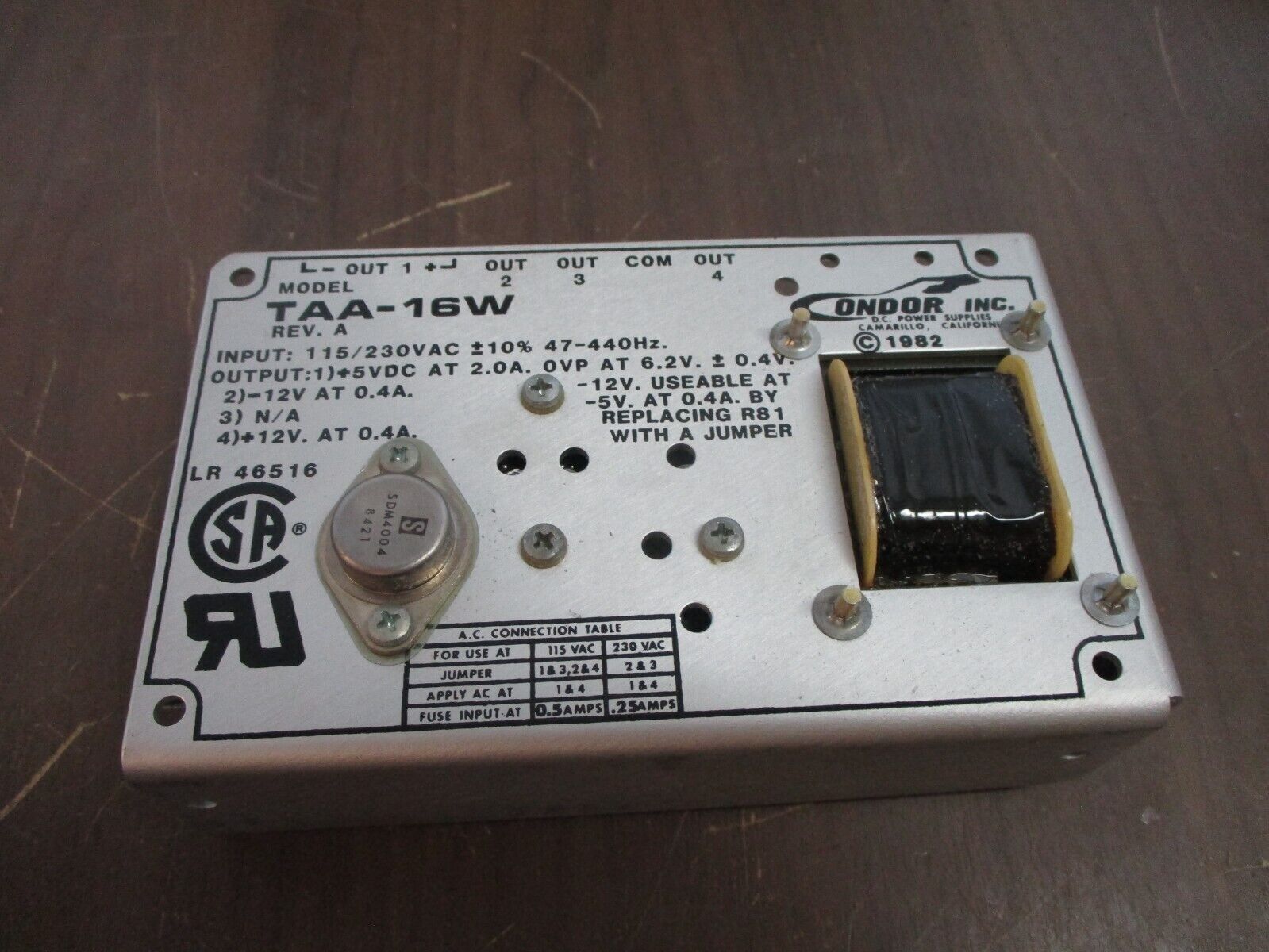 Condor DC Power Supply TAA-16W Rev. A Input: 115/230VAC 47-440Hz New Surplus