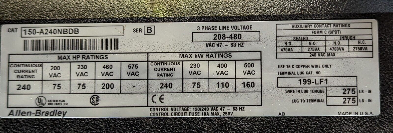 Allen-Bradley SMC Plus Soft Start Assembly 150-A240NBDB Ser. B 200HP 208-480V