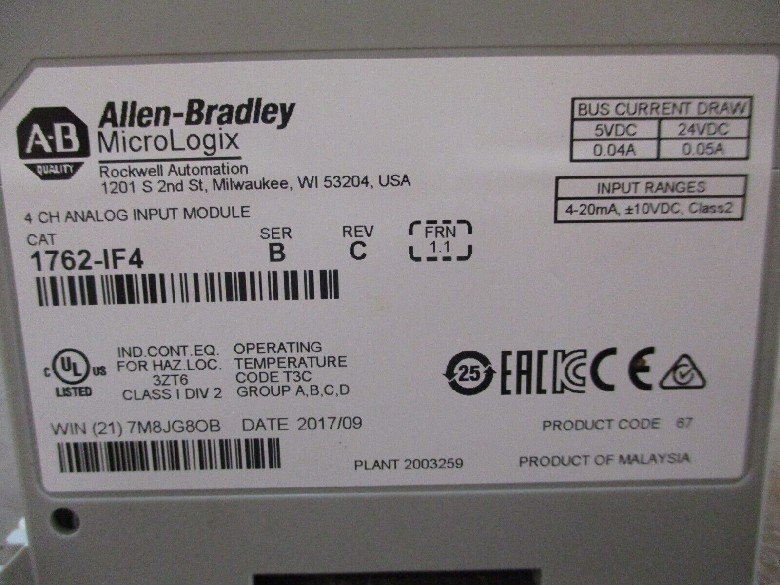 Allen-Bradley MicroLogix Analog Input Module 1762-IF4 Ser. B Rev. C FRN: 1.1 4Ch