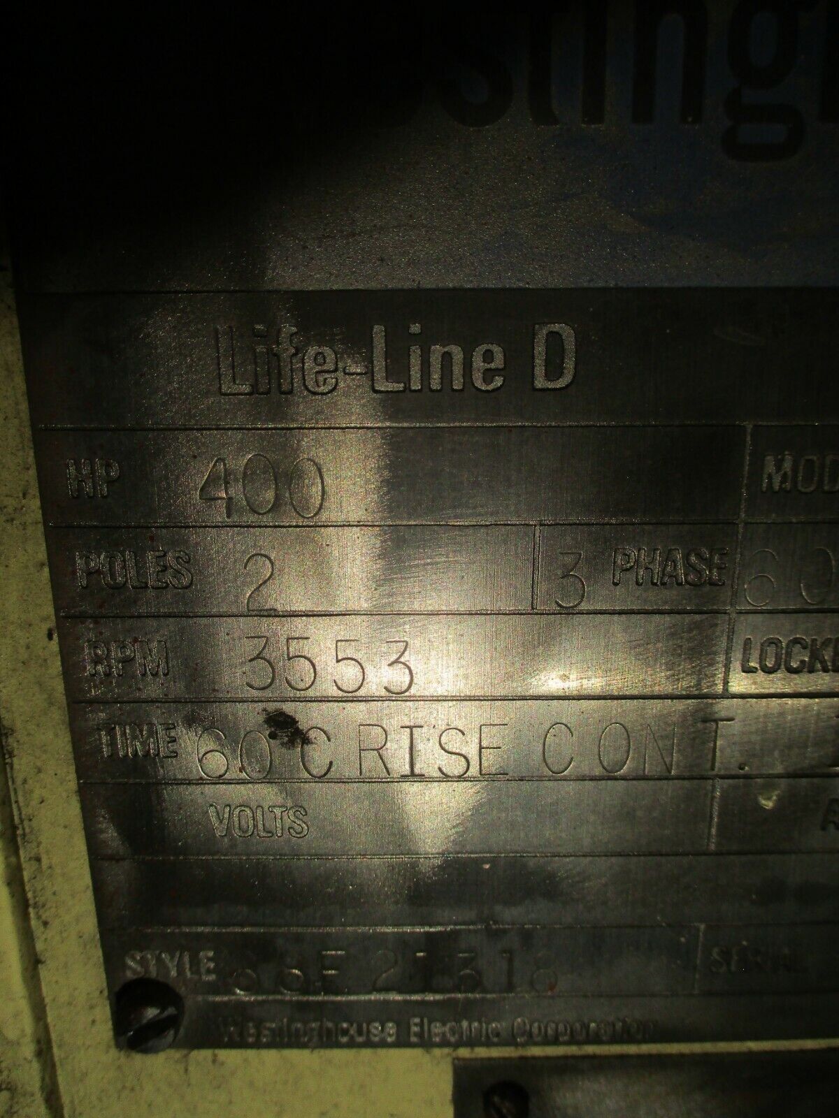 Westinghouse Life-Line D AC Motor 68F21318 400HP 2300V 3600RPM Used