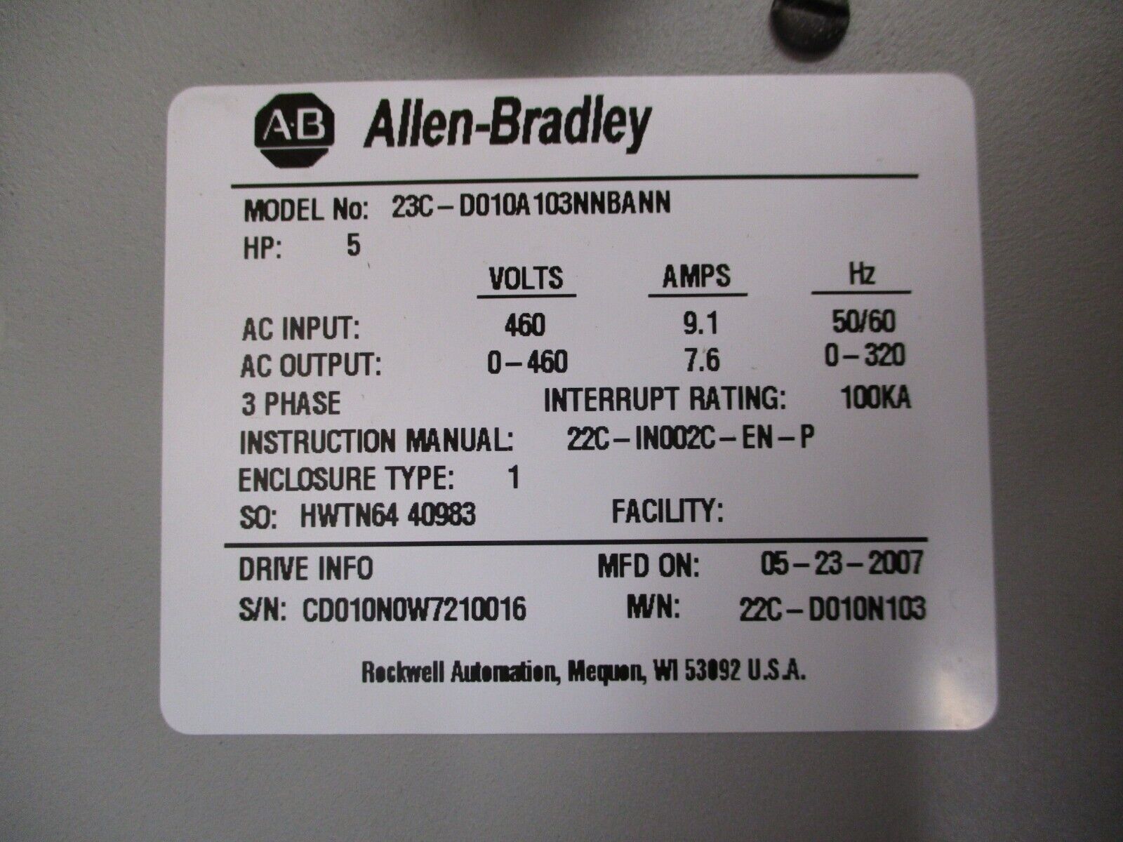 Allen-Bradley PowerFlex 400 AC Drive w/ Bypass 23C-D010A103NNBANN 5HP 3Ph Used