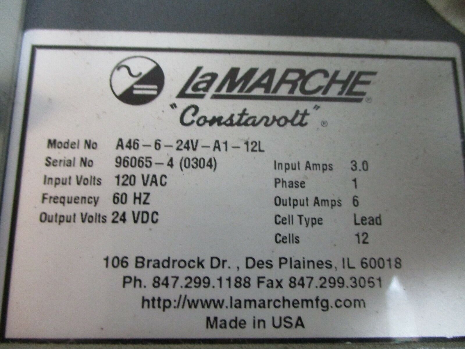 La Marche Constavolt Battery Charger A46-6-24V-A1-12L *Bent Mounting Foot* Used